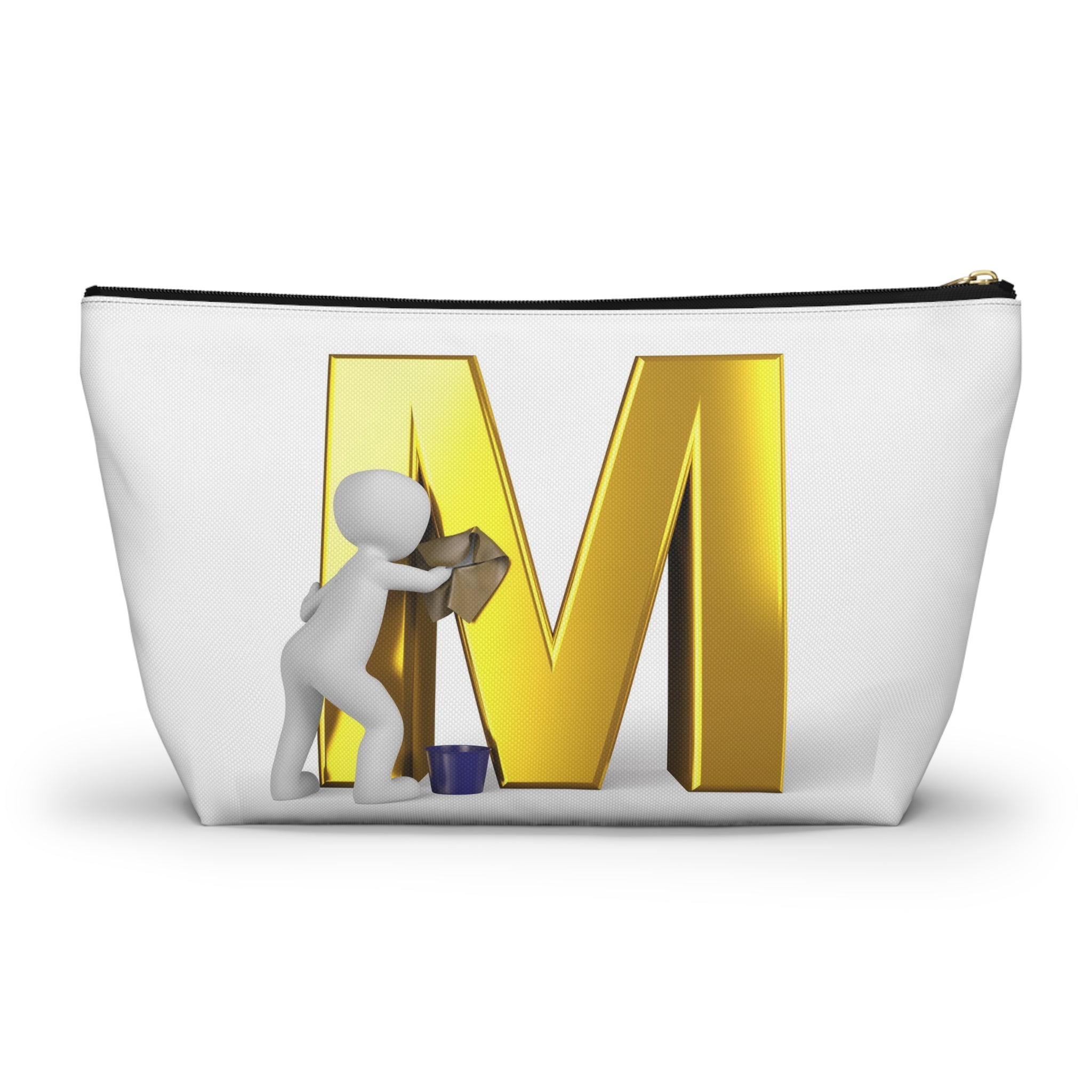 Gold Letter M with Painter Figure Accessory Pouch | Monogram Makeup Bag