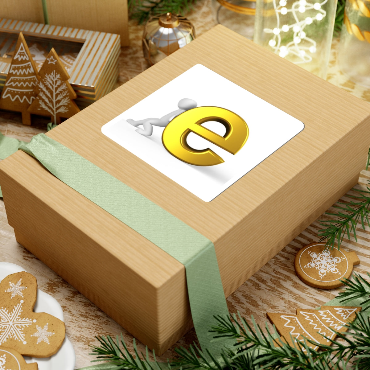 3D Gold Letter E with Figure Kiss-Cut Stickers | Laptop Decal, Alphabet Lettering