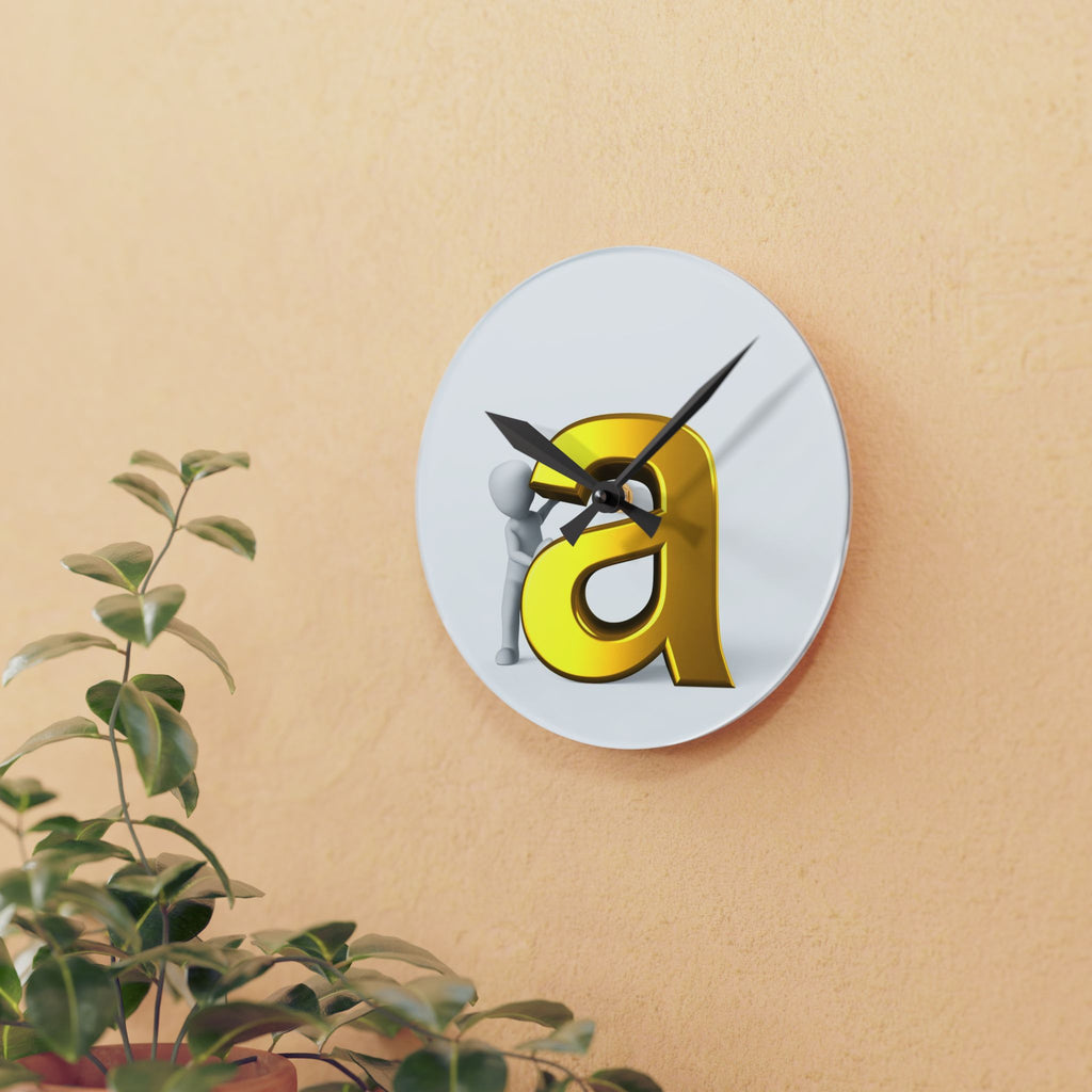 3D Gold Letter A with Character Acrylic Wall Clock | Modern Alphabet Decor
