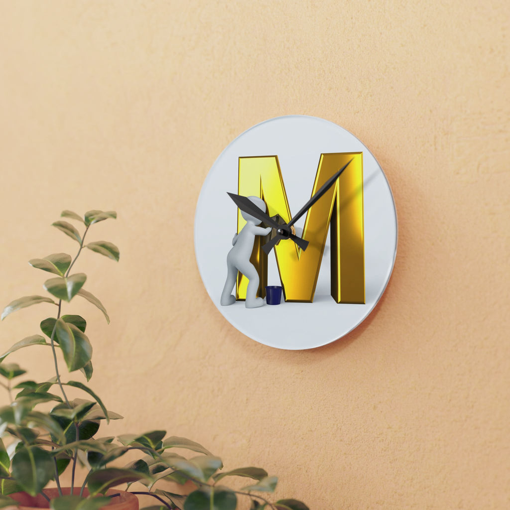 Gold Letter M Painting Acrylic Wall Clock | Monogram Initial Decor
