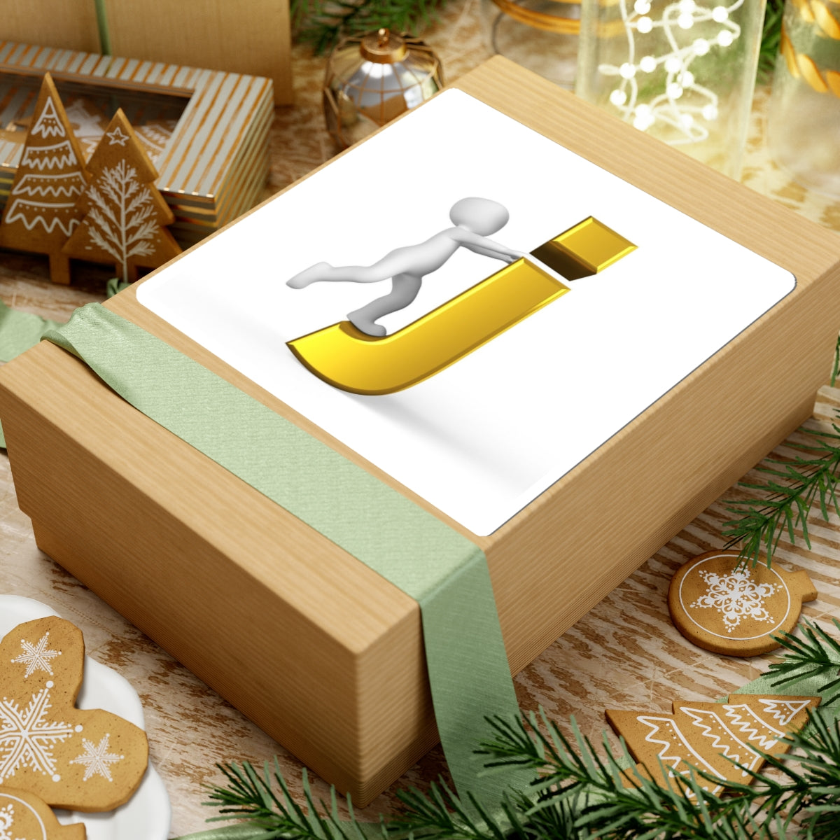 3D Gold Letter J with Pushing Figure Kiss-Cut Sticker