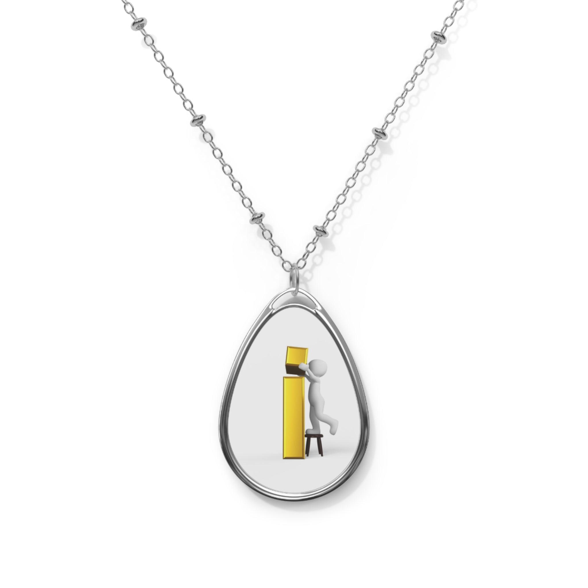 Oval Pendant Necklace — Minimalist Yellow Letter i Figure Design