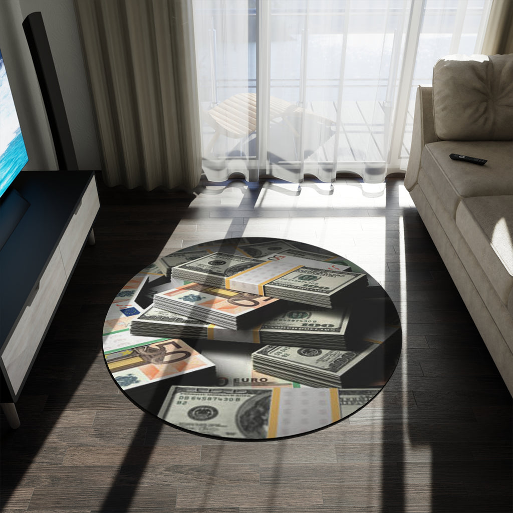 Stacked Cash round rug | Money print round rug, dollar euro design