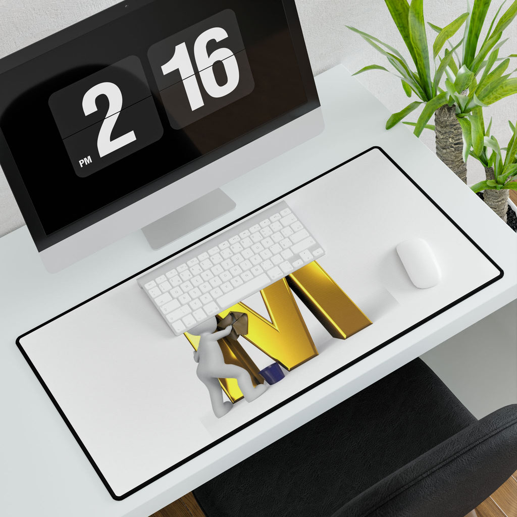 Gold Letter M with Painter Character Desk Mat | Large Mouse Pad Deskmat