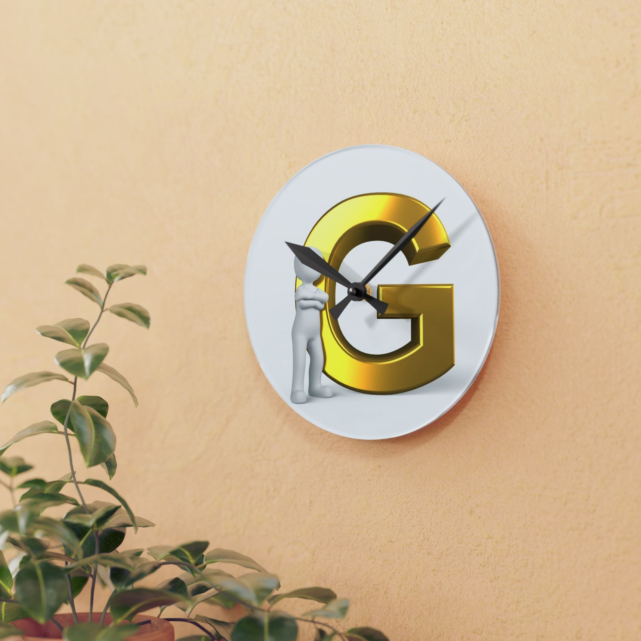 Gold Letter G monogram Acrylic Wall Clock | Initial decor, modern round clock
