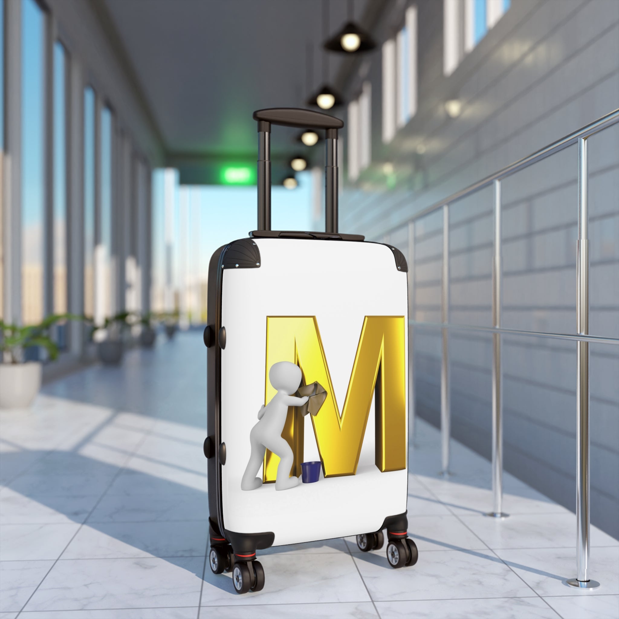 3D Person Cleaning Gold Letter M Suitcase | Luggage