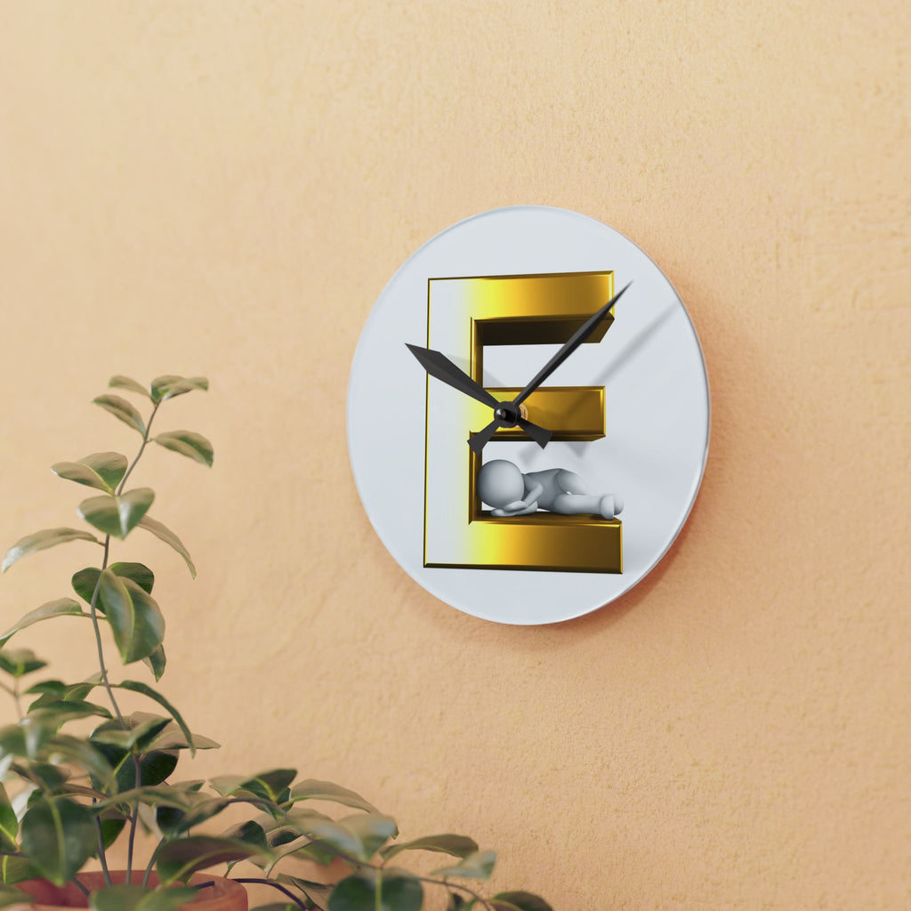 Gold Letter E with Sleeping Figure Acrylic Wall Clock | Modern Initial Home Decor