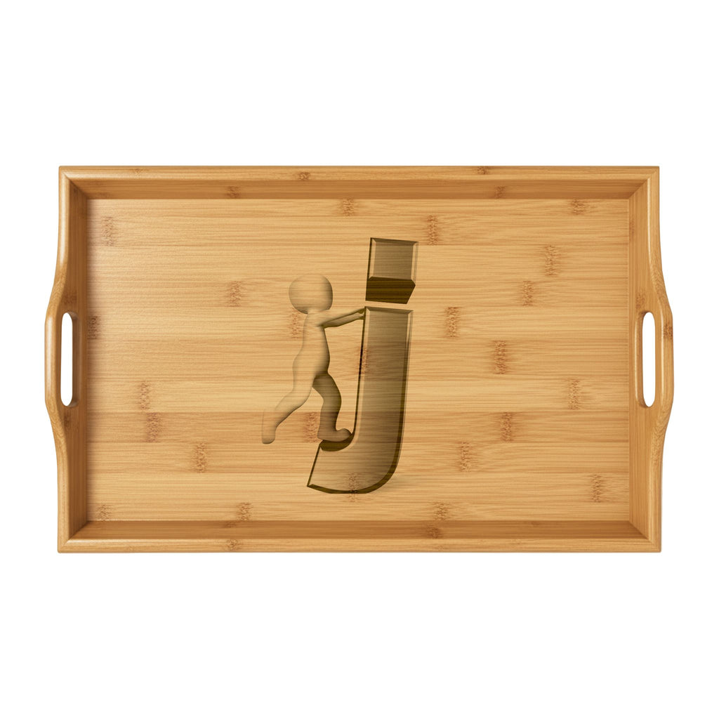 Stick Figure Holding Letter J Bamboo Serving Tray | Engraved Monogram