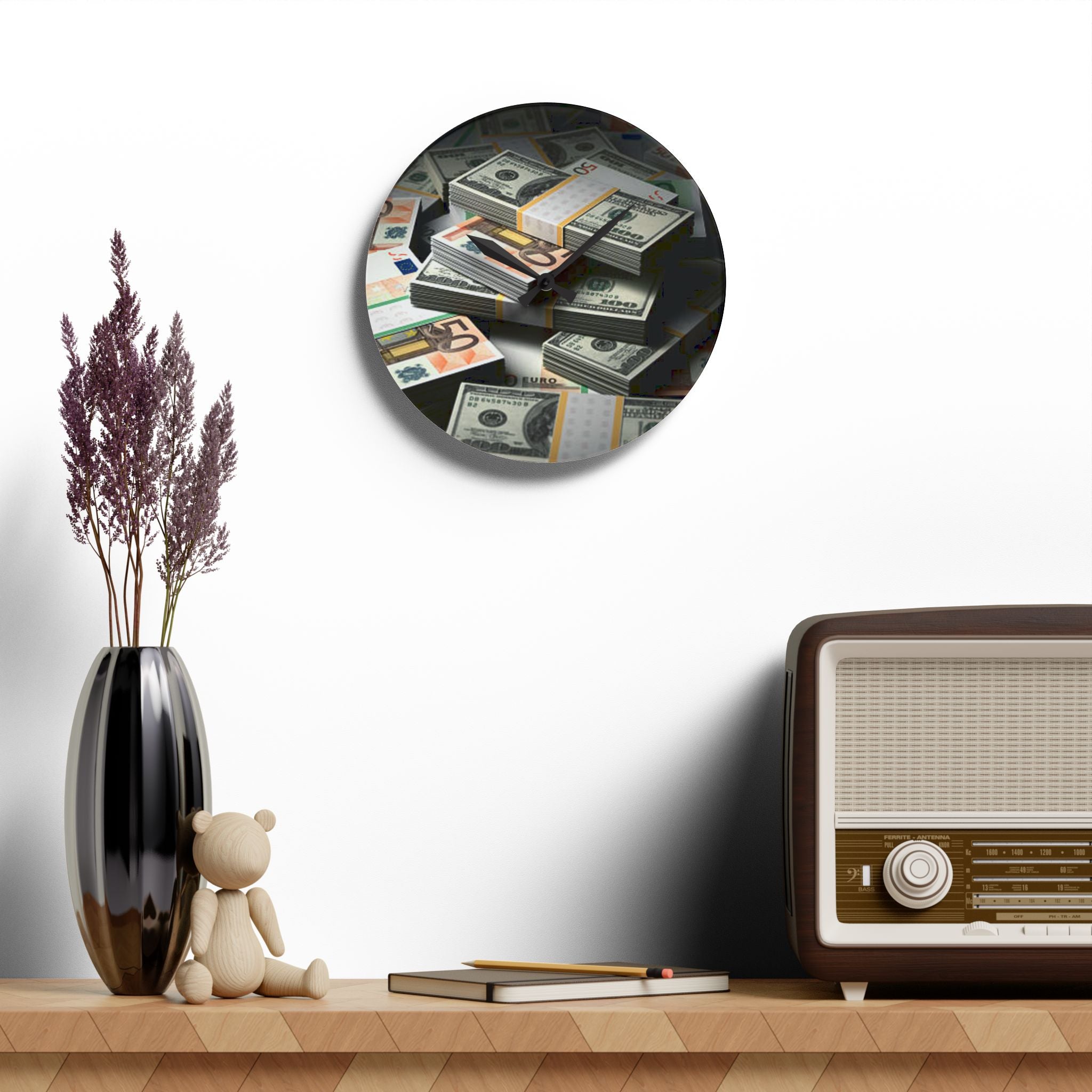 Stacks of Cash Acrylic Wall Clock | Money Stack Clock, Finance Decor