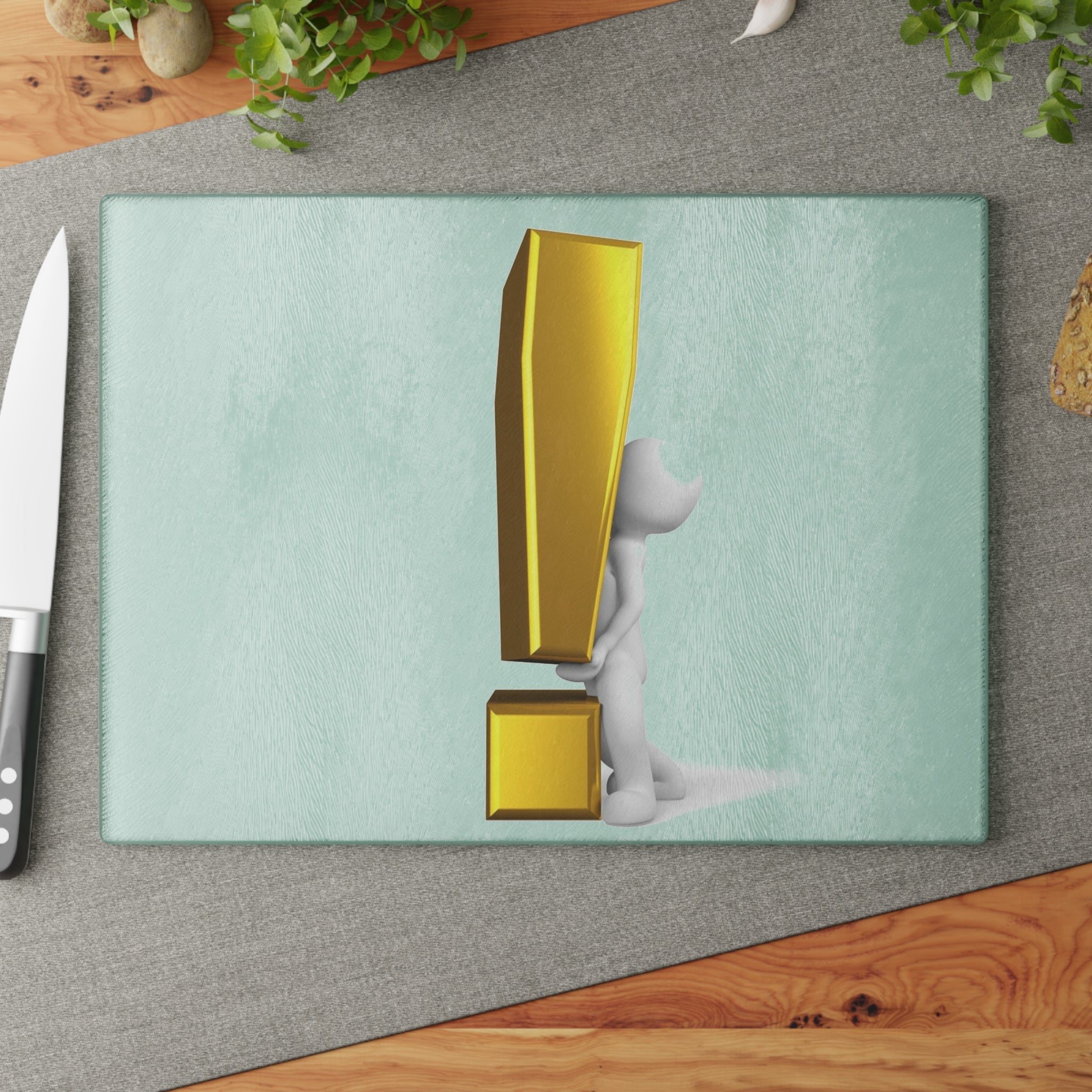 3D Figure with Gold Exclamation Mark Glass Cutting Board | Modern Statement Kitchen Decor
