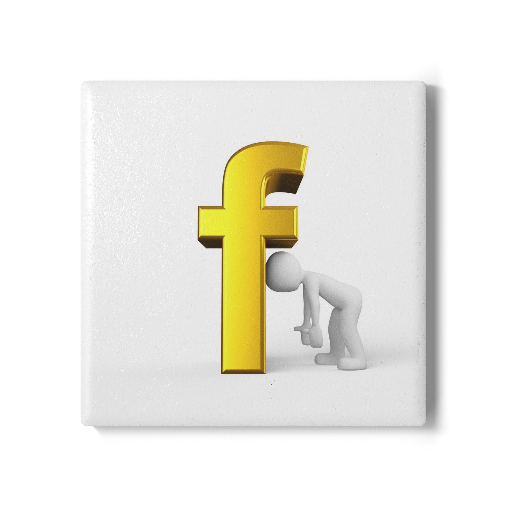 Gold F Letter Illustration Ceramic Coaster | Funny Leaning Stick Figure