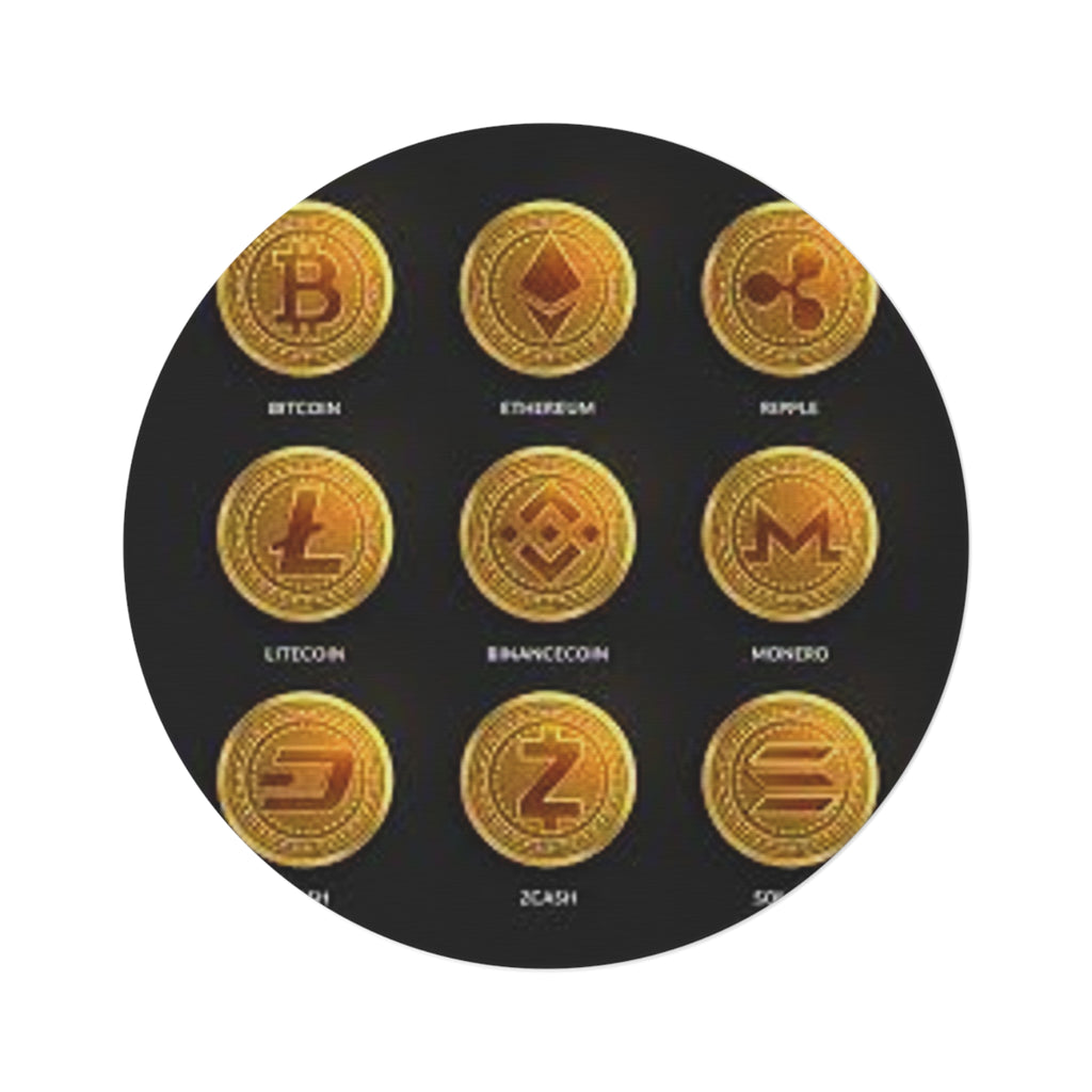 Cryptocurrency Coin Icons Round Rug | Bitcoin Ethereum Ripple Litecoin Decor
