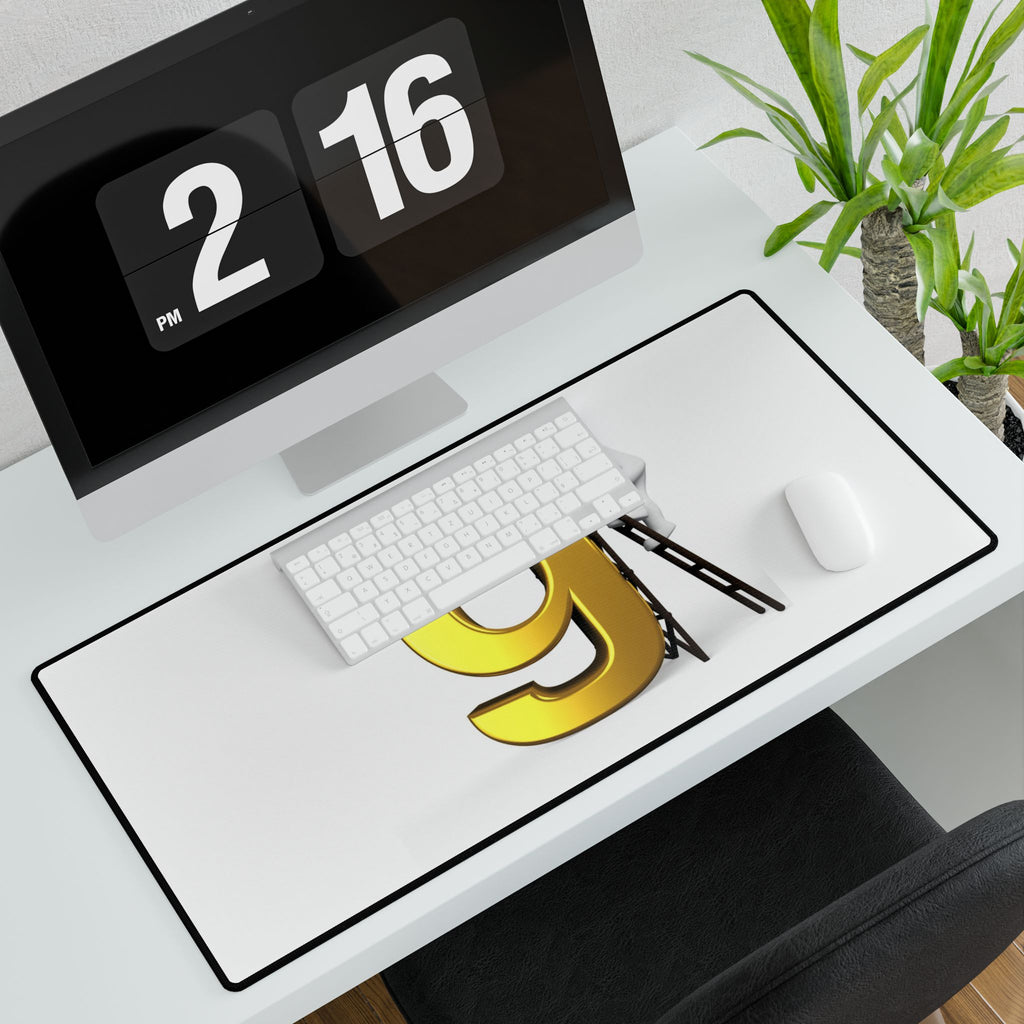 Letter G Construction Desk Mat | Giant Gold G with Worker Illustration