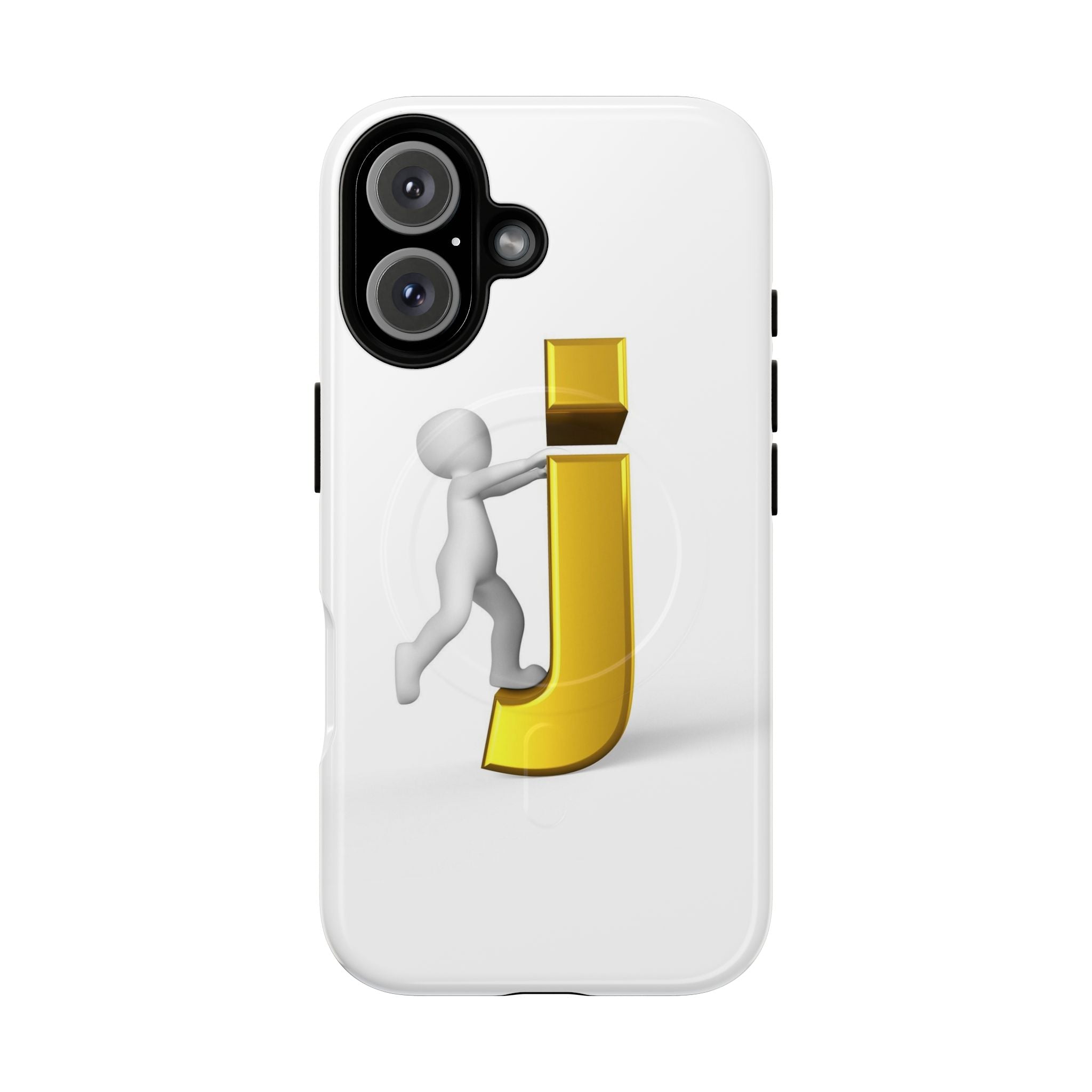 Coque de téléphone 3D Bonhomme allumette Poussant la lettre J dorée | Coque magnétique robuste