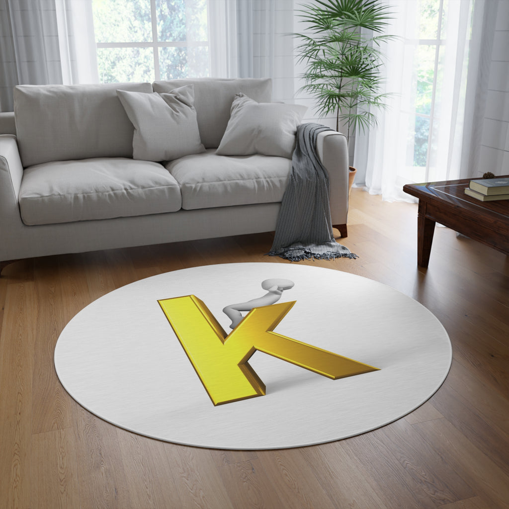 Gold Letter K with Character Round Rug | Monogram Initial K Rug
