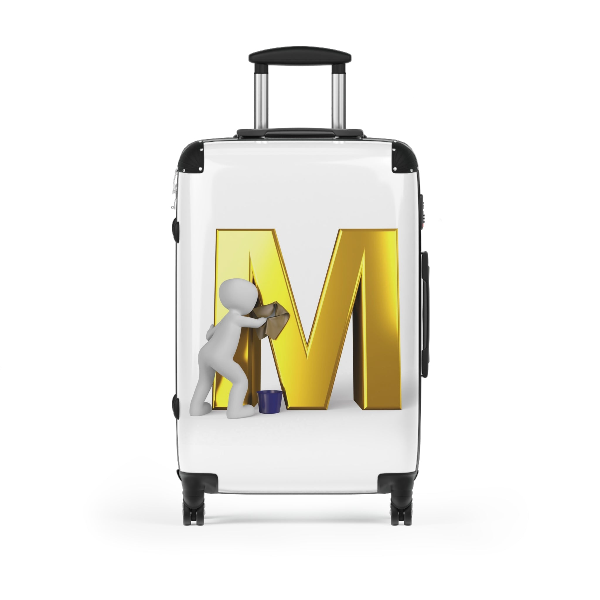 Valise à lettres dorées « M » nettoyée par une personne en 3D | Bagage