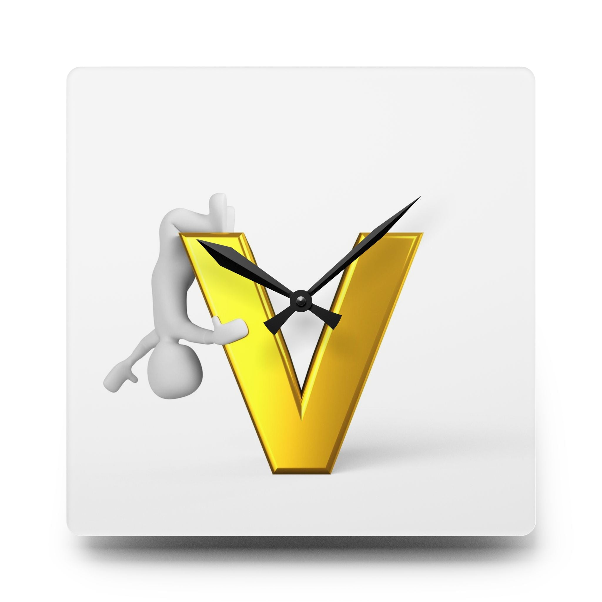 Horloge murale acrylique 3D en forme de lettre V dorée avec silhouette | décoration initiale moderne