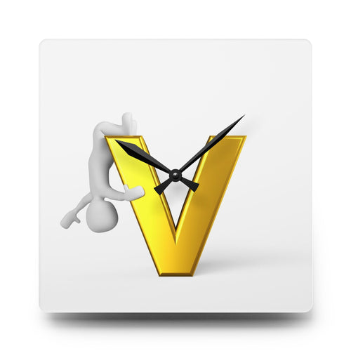 Horloge murale acrylique 3D en forme de lettre V dorée avec silhouette | décoration initiale moderne