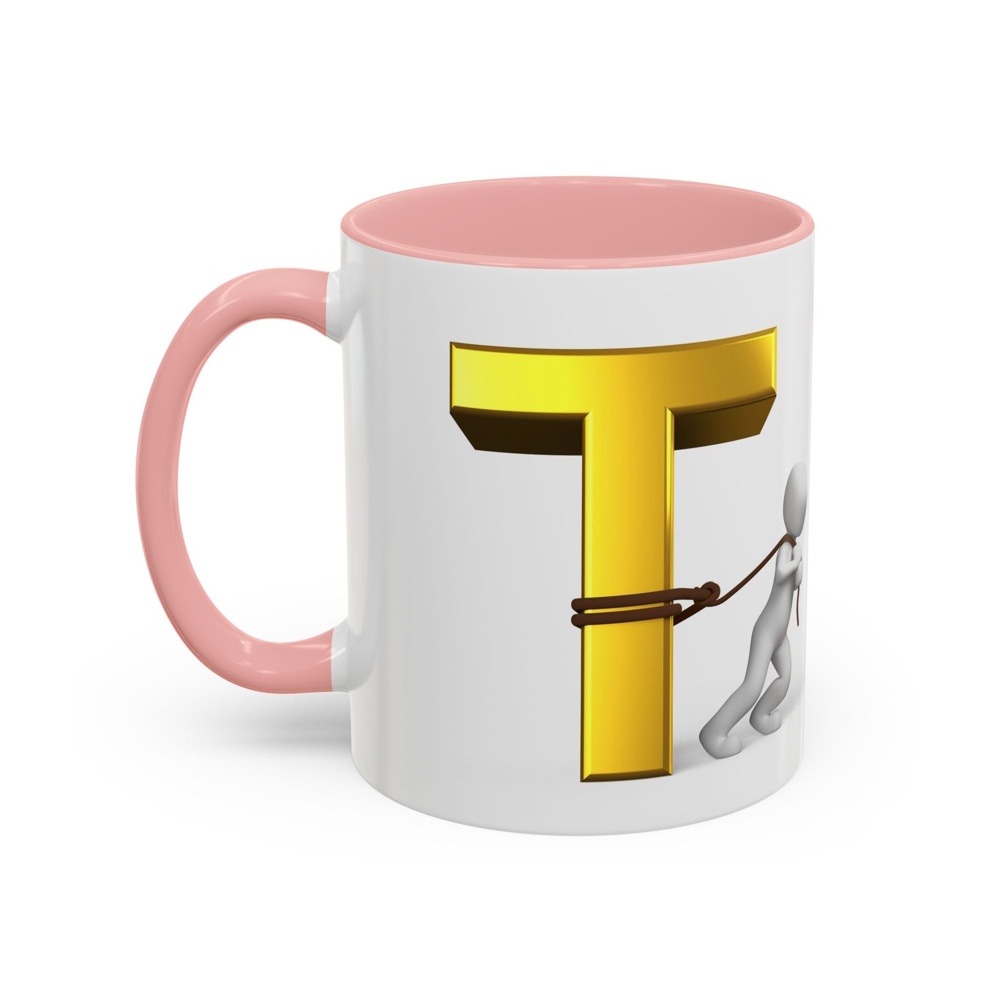 3D Stick Figure Tugging Gold Letter T Mug | Accent Coffee Mug