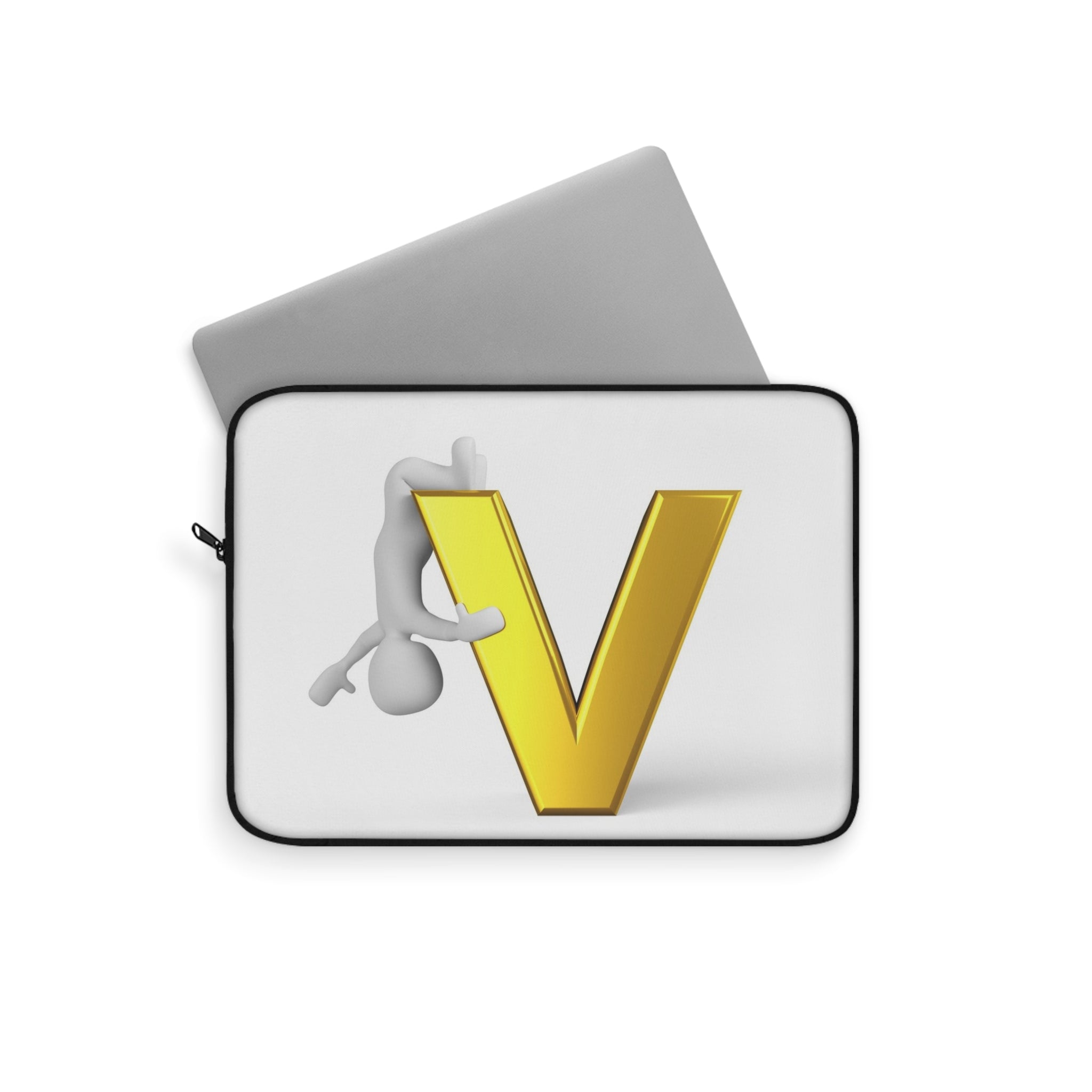 3D Character Hugging Gold Letter V Laptop Sleeve | Monogram Initial Cover