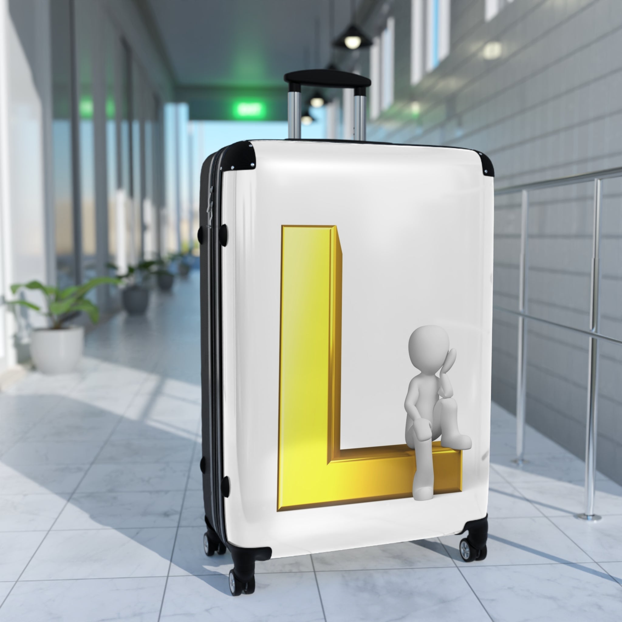 Gold Letter L with Sitting Figure Suitcase | Personalized Initial L Luggage