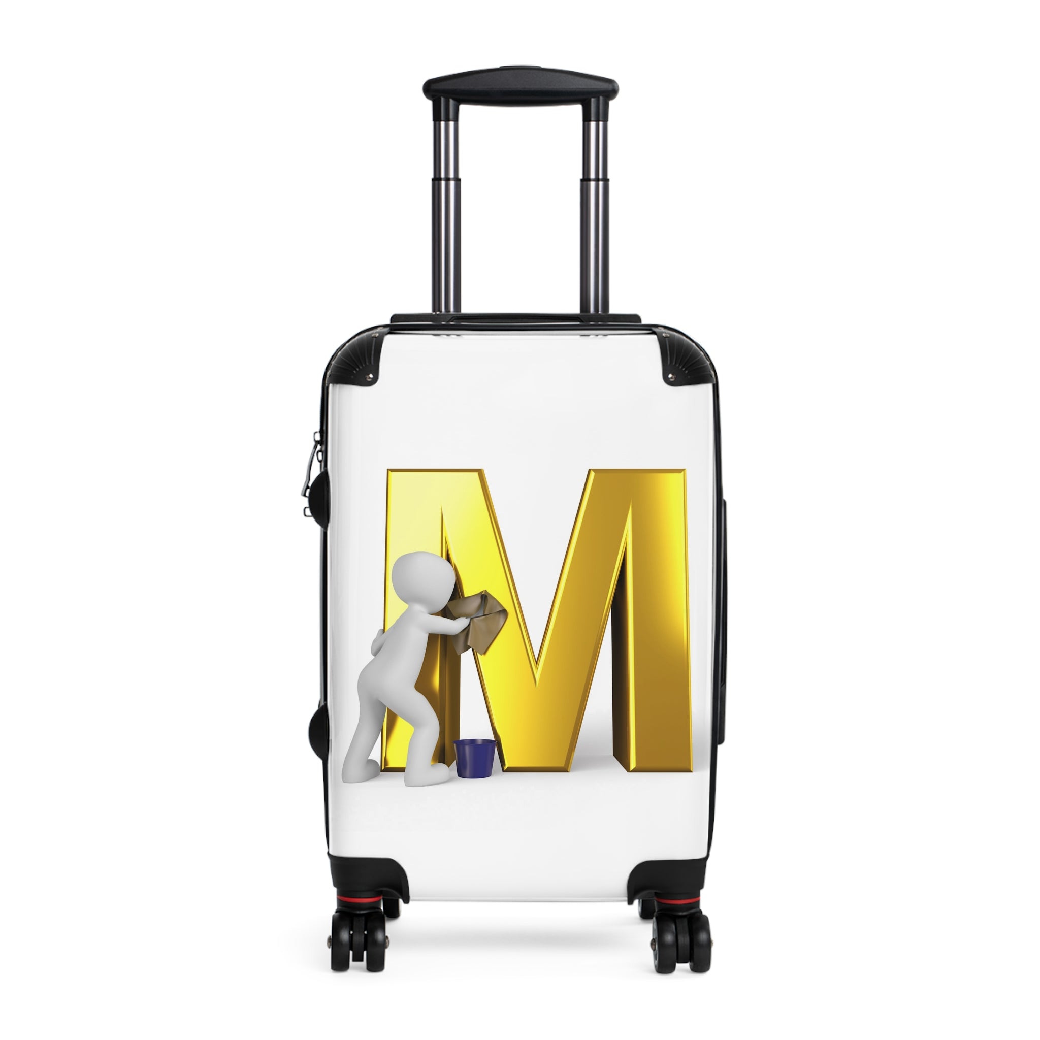 3D Person Cleaning Gold Letter M Suitcase | Luggage