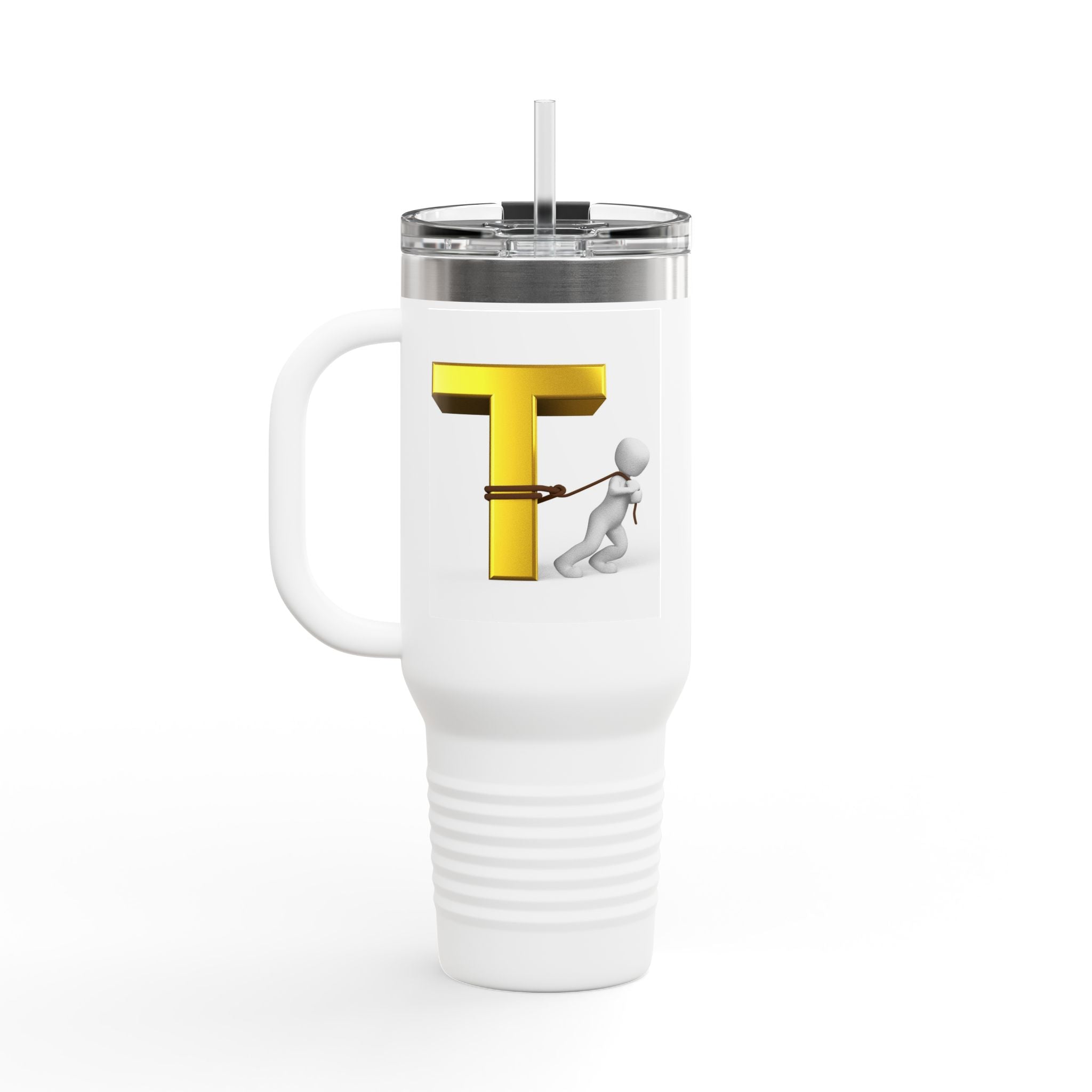 3D Stick Figure Pulling Gold Letter T Travel Mug | 40oz Insulated Tumbler