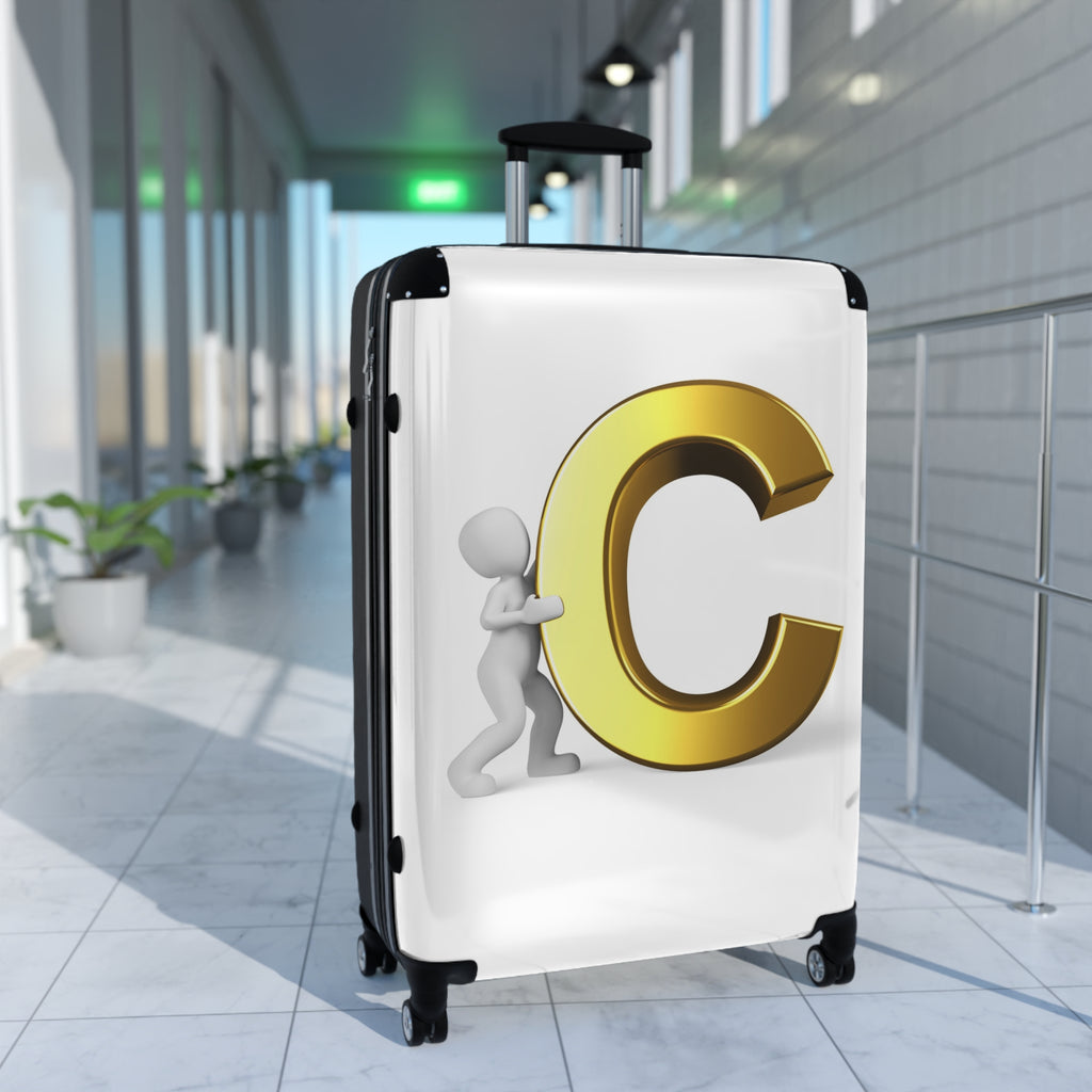 3D Character Pushing Gold Letter C Suitcase | Monogram Luggage