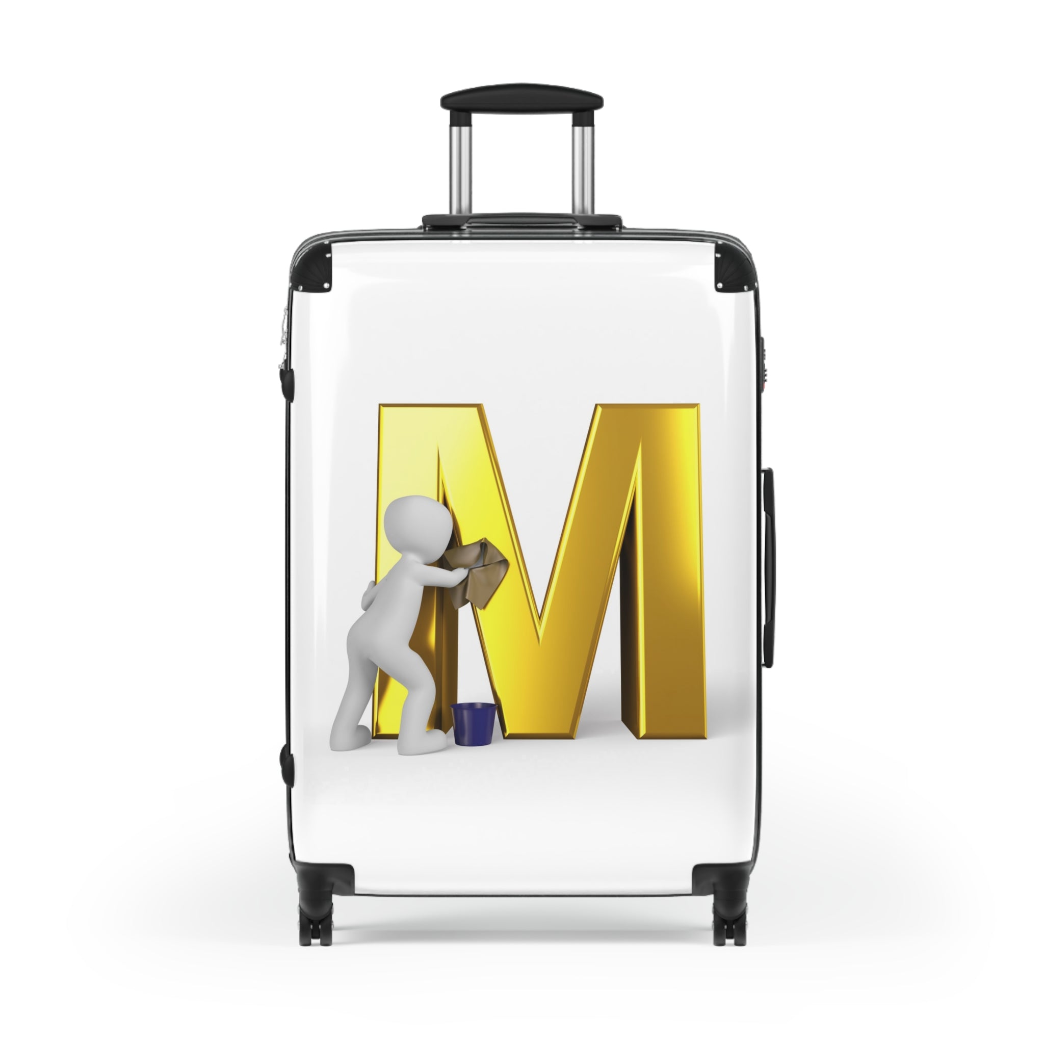 Valise à lettres dorées « M » nettoyée par une personne en 3D | Bagage