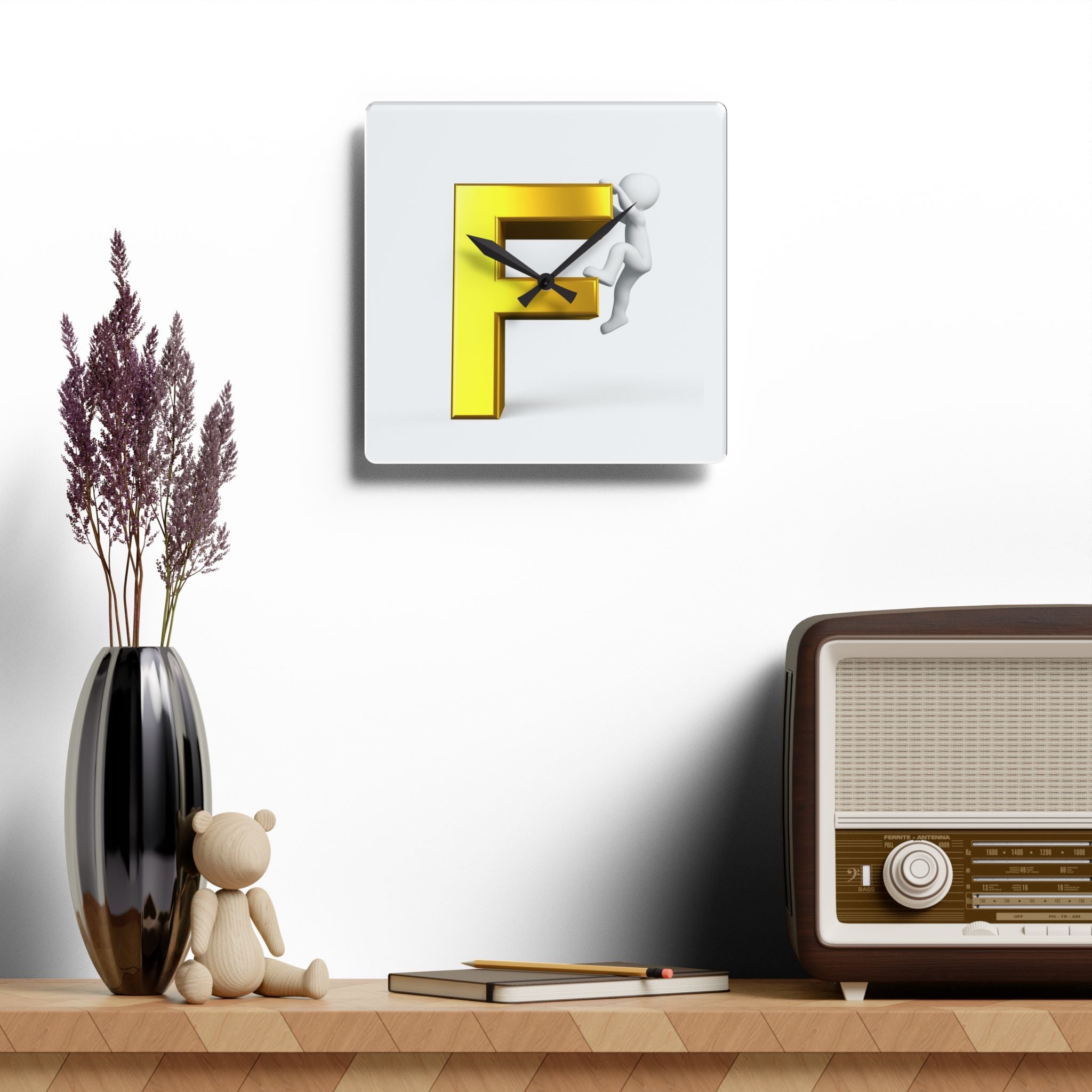 Gold Letter F with Climber Acrylic Wall Clock | Modern Initial Decor