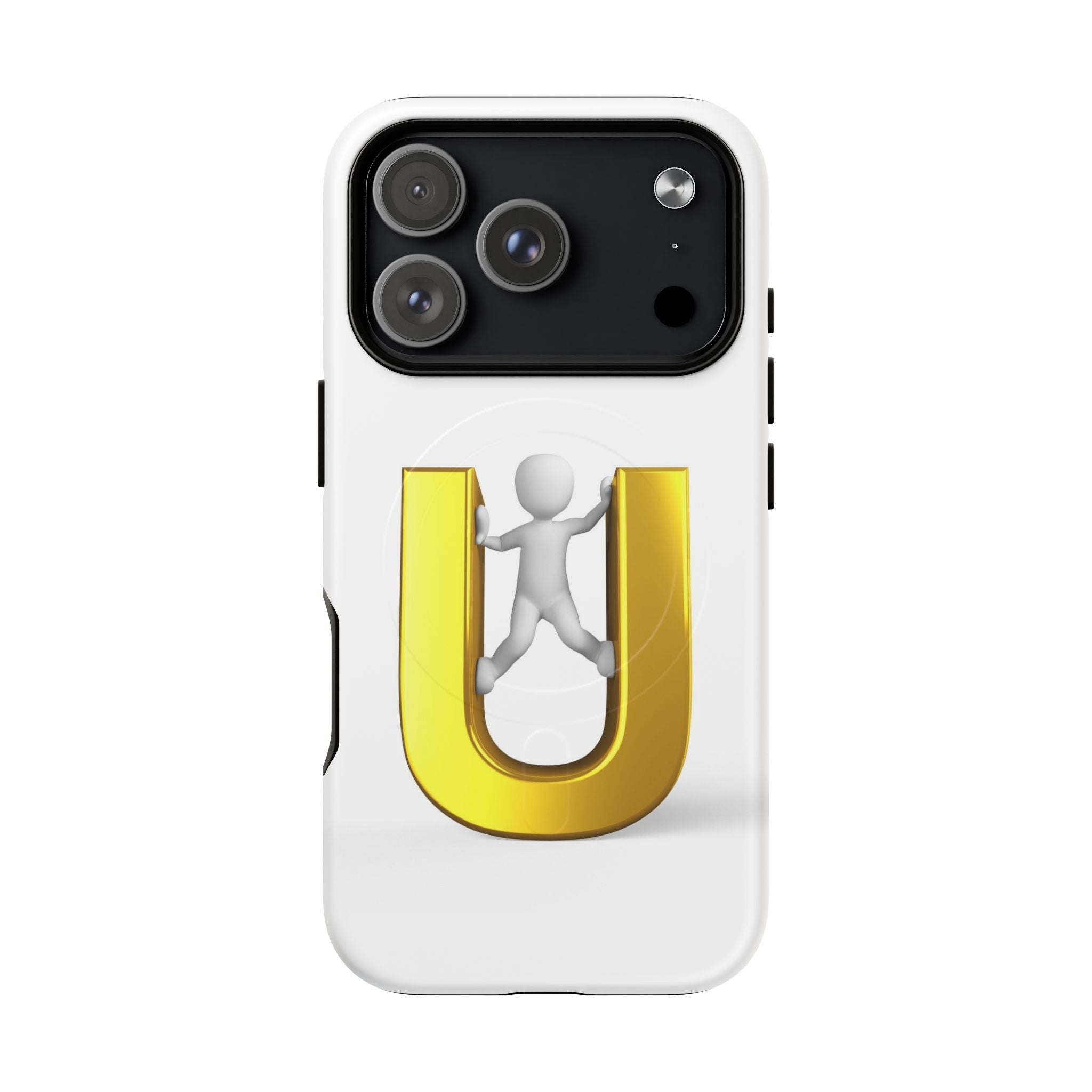 Coque de téléphone en 3D Dorée Lettre U avec Bonhomme Allumette | Coque Magnétique Robuste