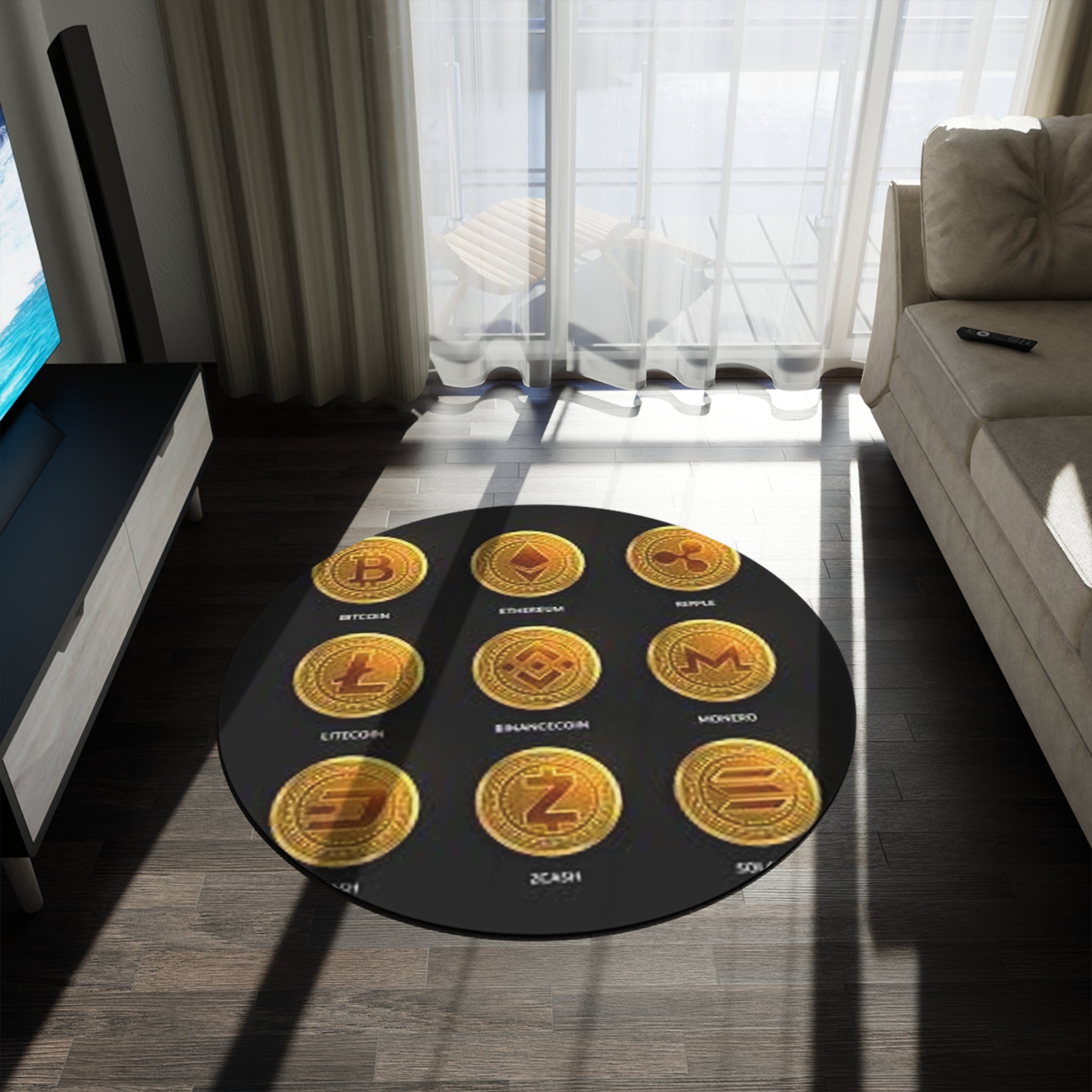 Cryptocurrency Coin Icons Round Rug | Bitcoin Ethereum Ripple Litecoin Decor