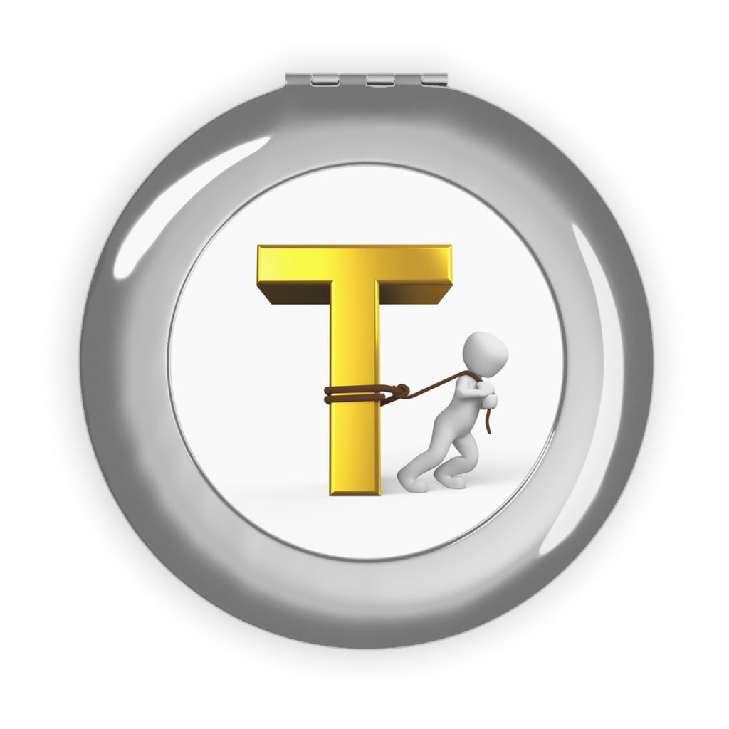 Letter T Tugging Figure Compact Travel Mirror | Monogram Initial Makeup Mirror