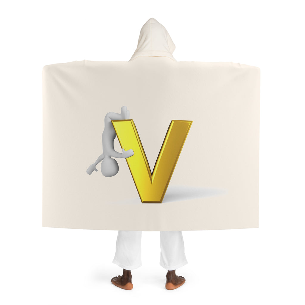 Gold Letter V With Figure Cozy Hooded Sherpa Fleece Blanket | Oversized Wearable Throw Cream Hooded Blanket