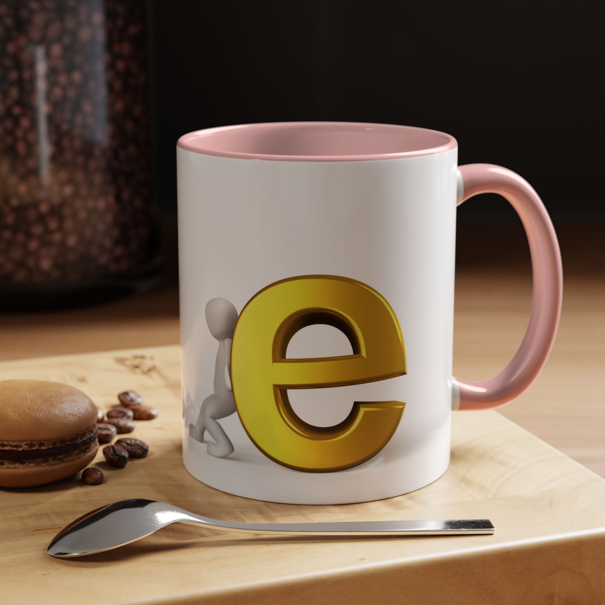 3D Stick Figure Pushing Gold Letter e Accent Coffee Mug | Black Handle, Interior