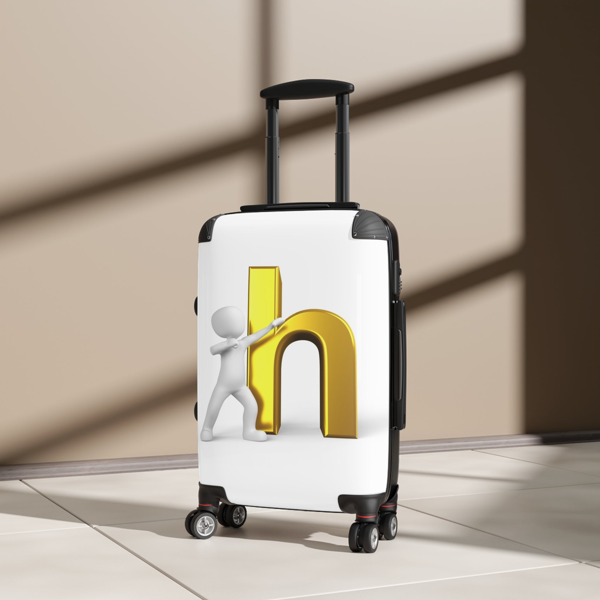 3D Person Standing Beside Gold Letter h Suitcase | Personalized Luggage Case