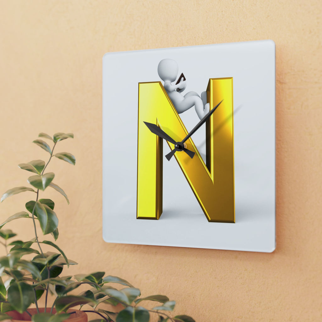 Gold Letter N with Climbing Figure Acrylic Wall Clock | Monogram Initial Decor