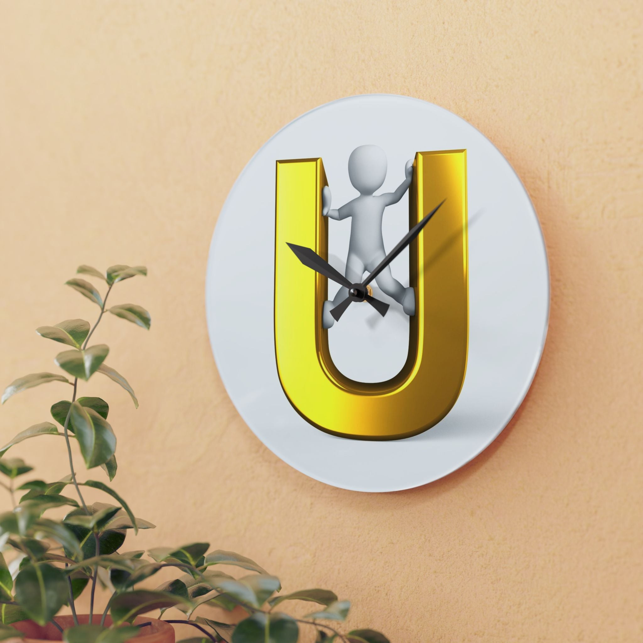 3D Gold Letter U with Figure Acrylic Wall Clock | Monogram Initial Home Décor