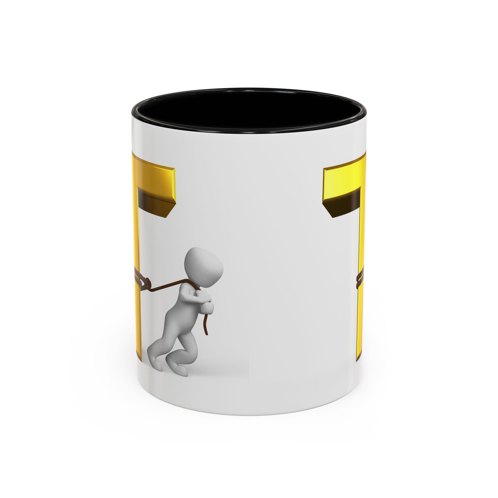 3D Stick Figure Tugging Gold Letter T Mug | Accent Coffee Mug