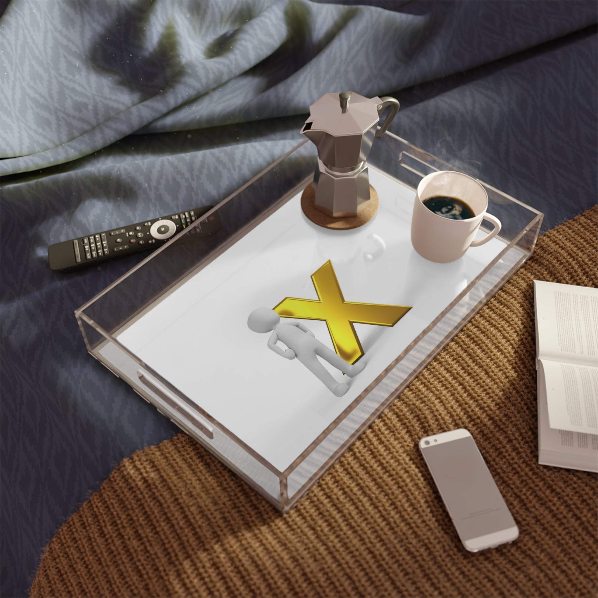 3D Gold X with Figure Acrylic Serving Tray | Modern Initial Decor