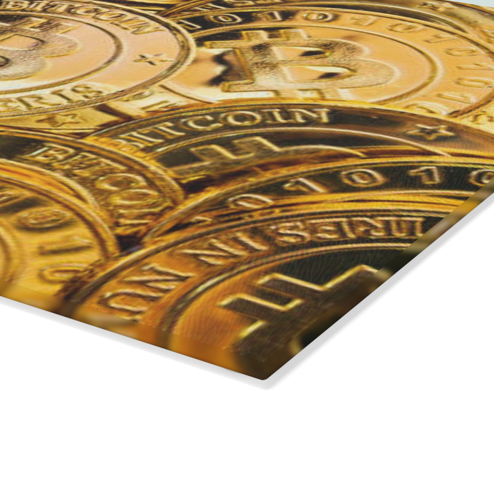 Bitcoin Gold Coins Glass Cutting Board | Cryptocurrency Kitchen Decor