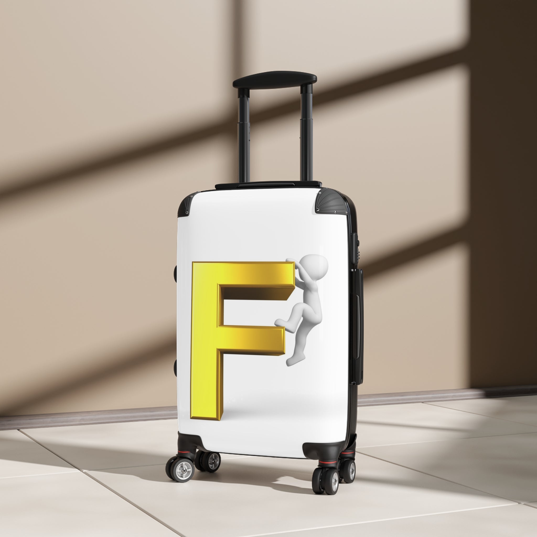 3D Yellow Letter F with Climbing Figure Suitcase | Monogram Luggage