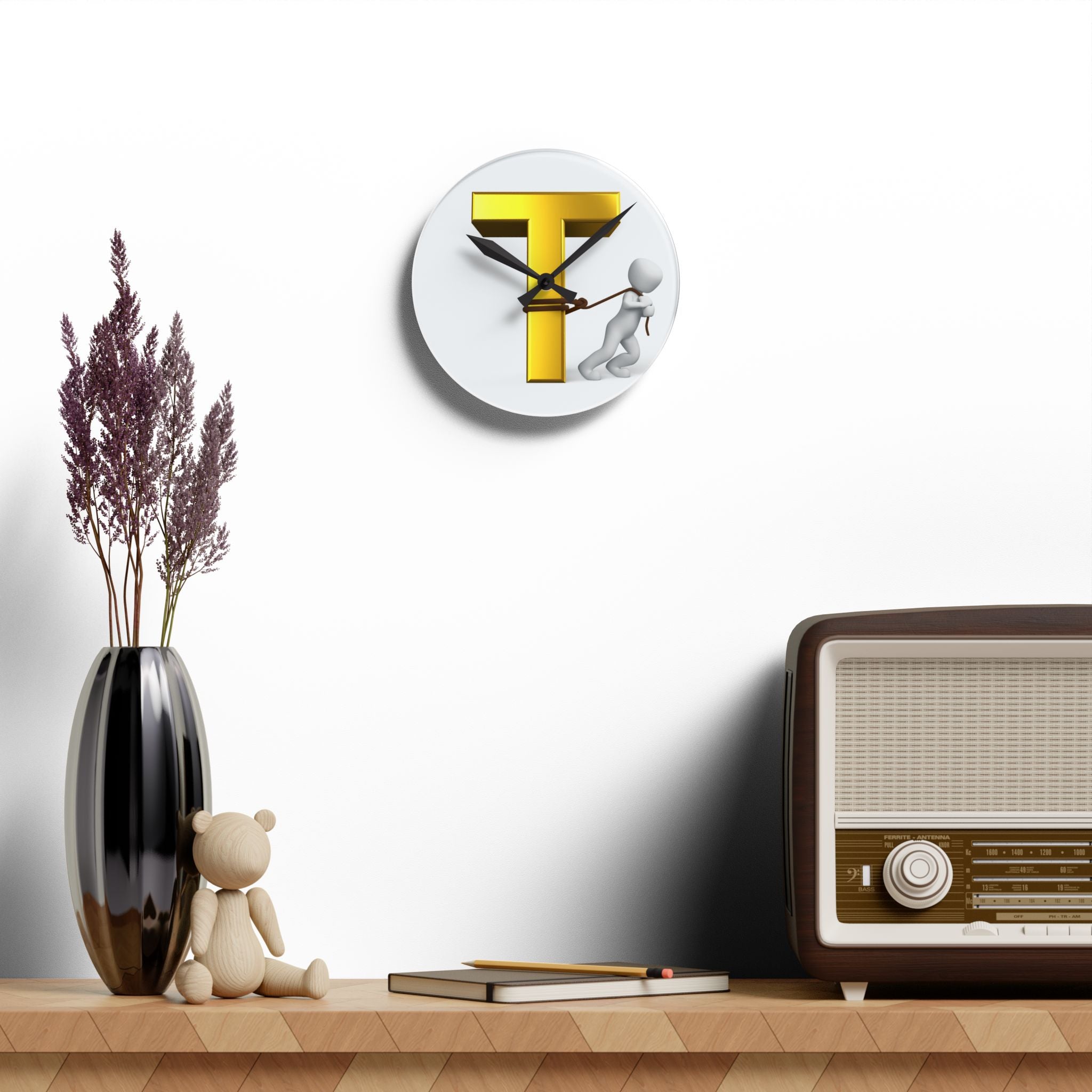 Gold Letter T with Figure Acrylic Wall Clock | Initial T Décor