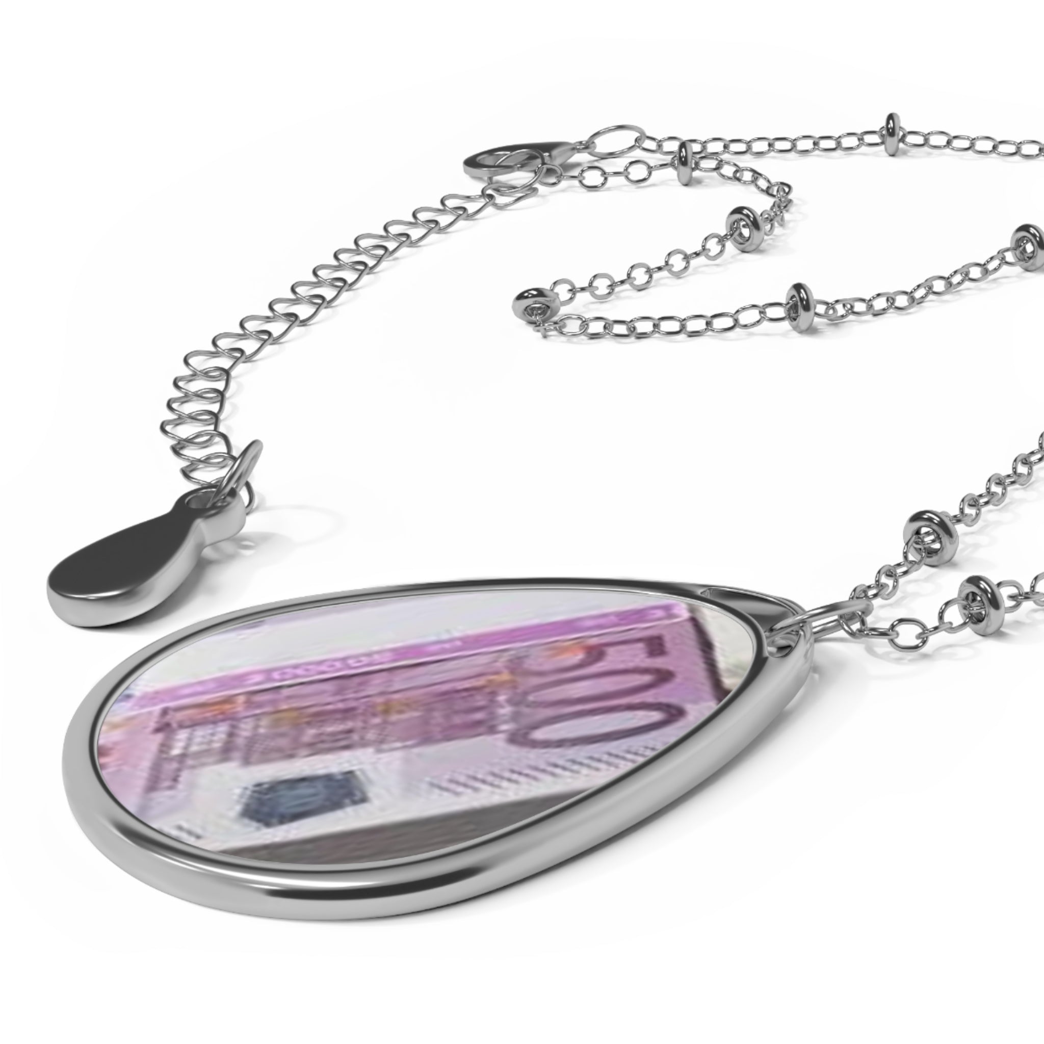 Oval Money Pendant Necklace — Teardrop Silver Locket with Euro Banknote Design