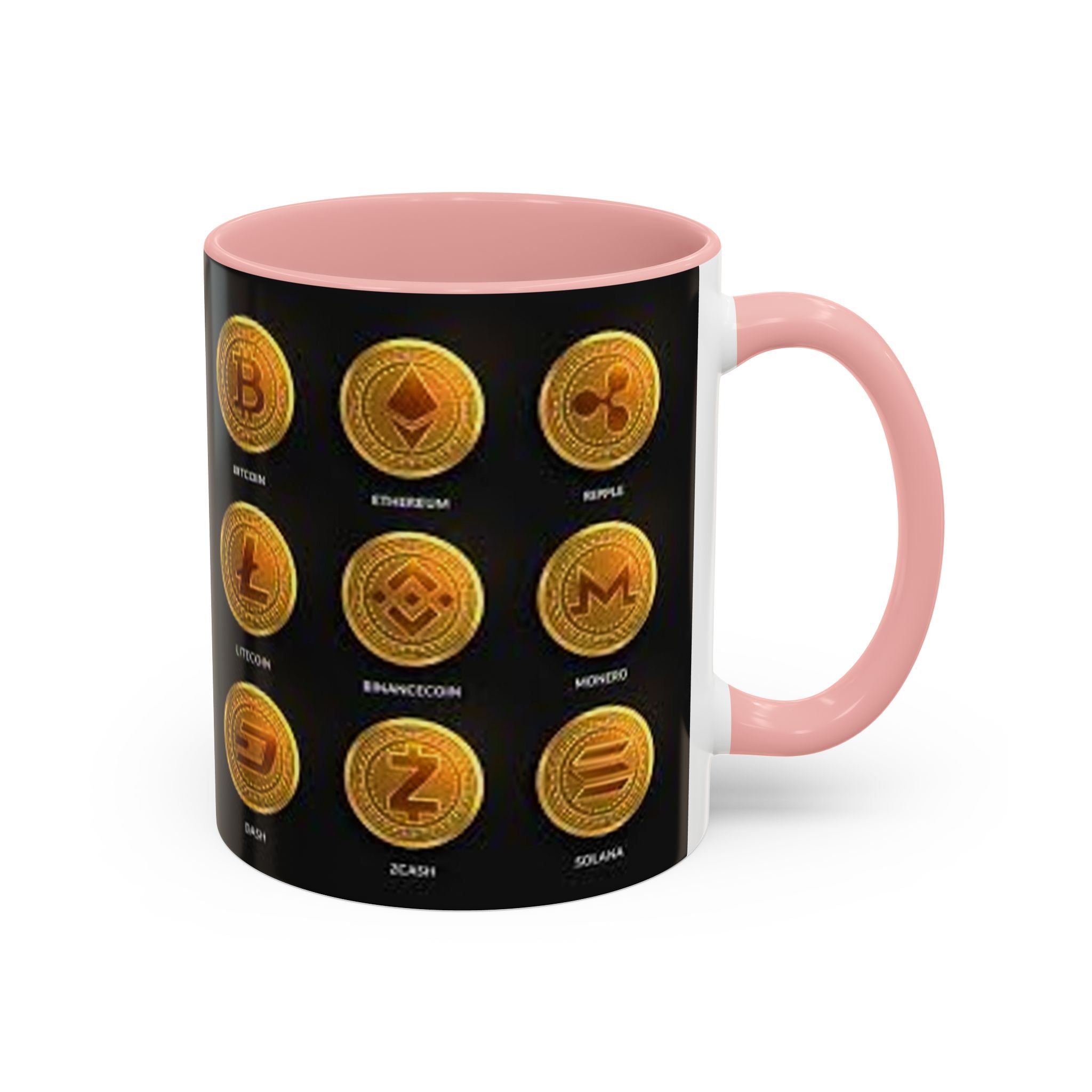 Cryptocurrency Coin Icons Accent Mug | Bitcoin Ethereum Litecoin Doge Coffee Mug
