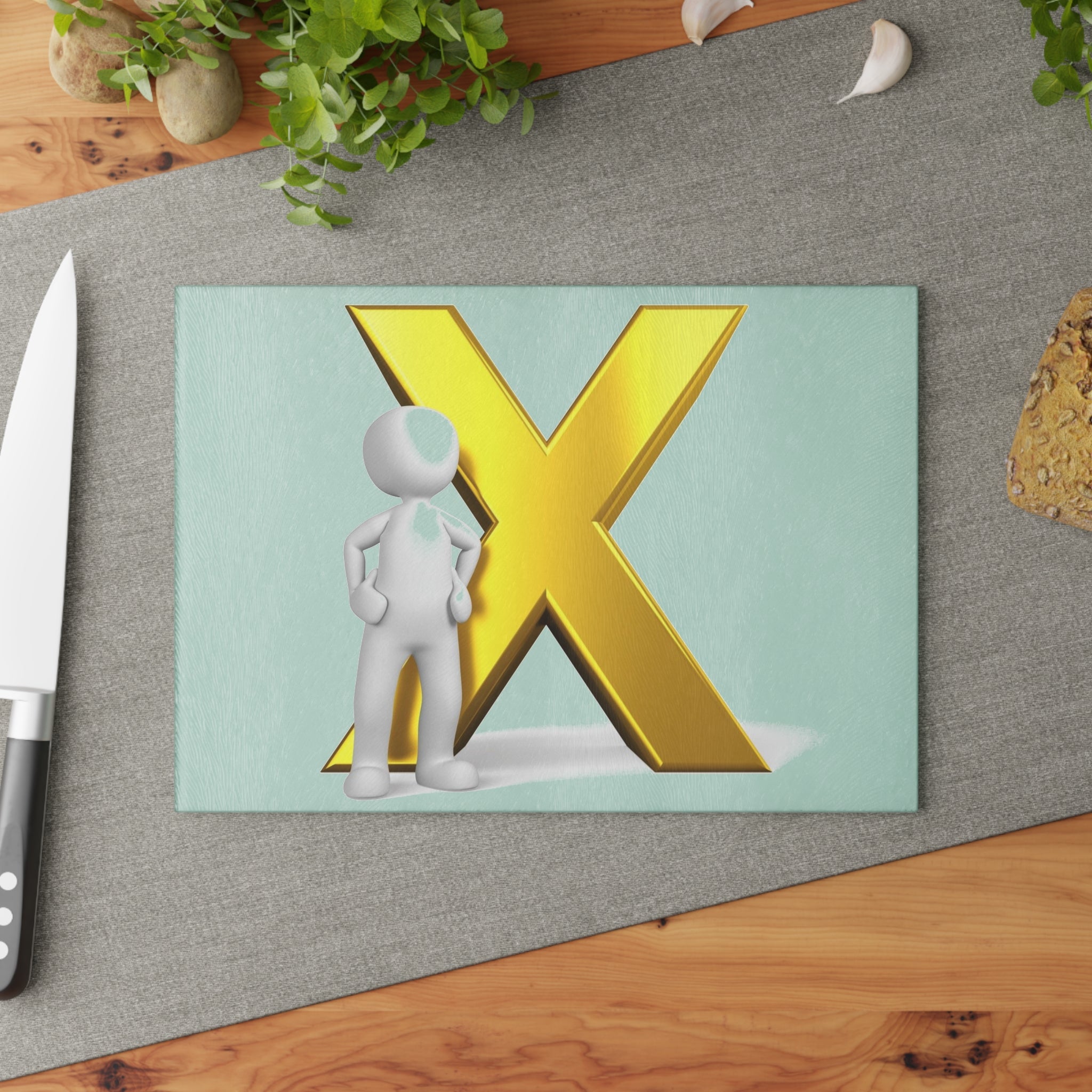 Gold X Initial with 3D Figure Glass Cutting Board | Personalized Letter Kitchen Decor