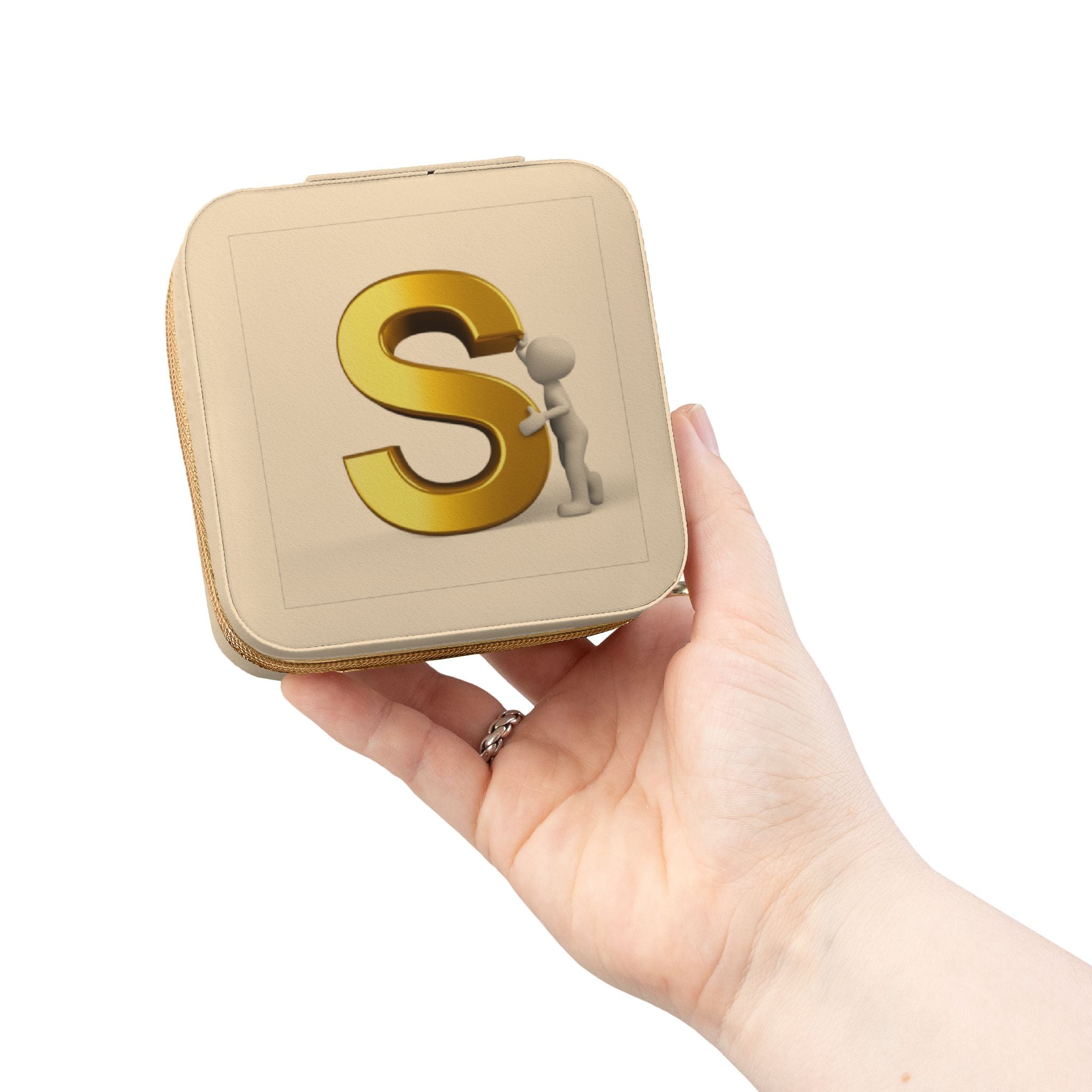 Étui de voyage carré compact pour bijoux avec monogramme doré S | Organisateur de bijoux de voyage