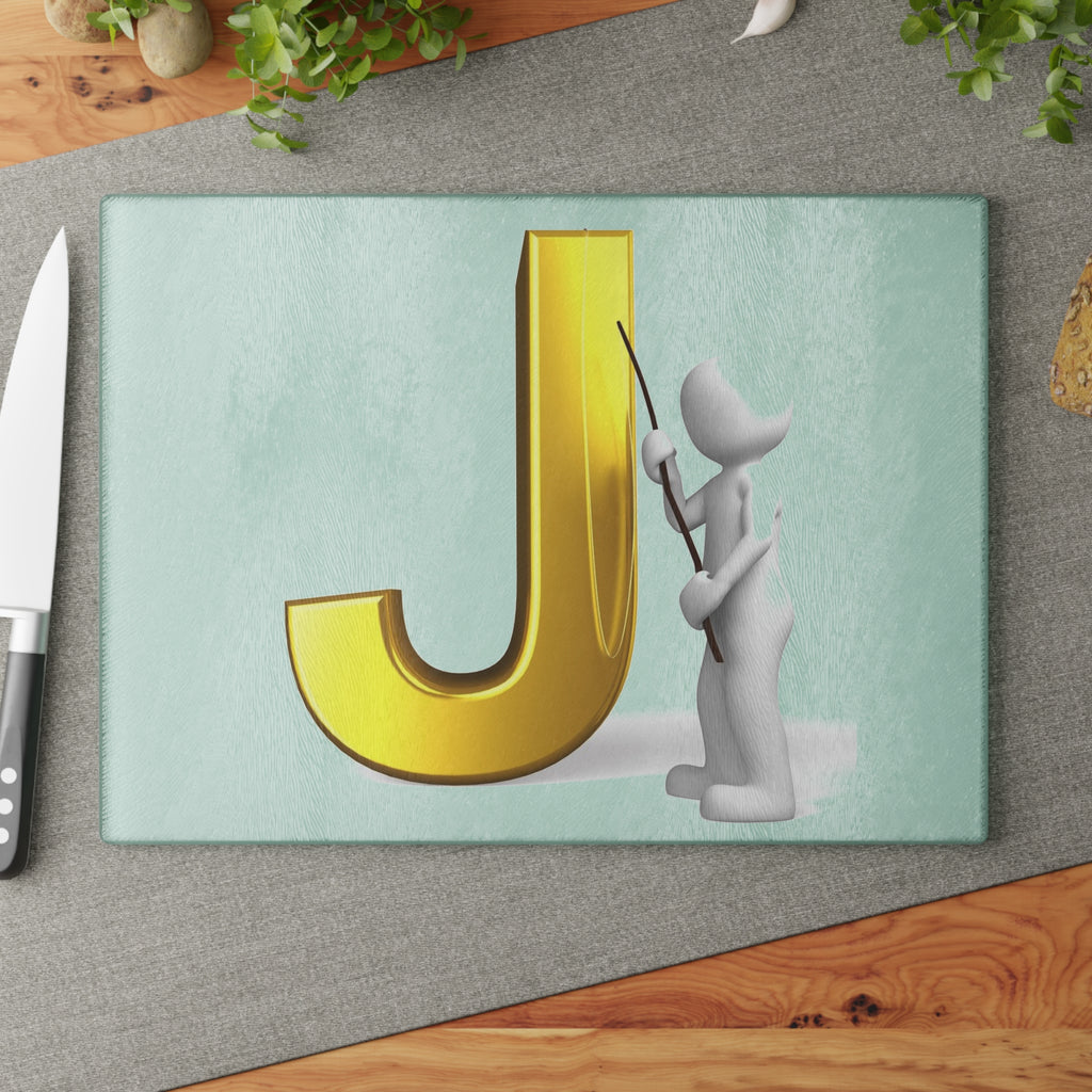 Gold Letter J Initial Glass Cutting Board | Monogram Kitchen Decor