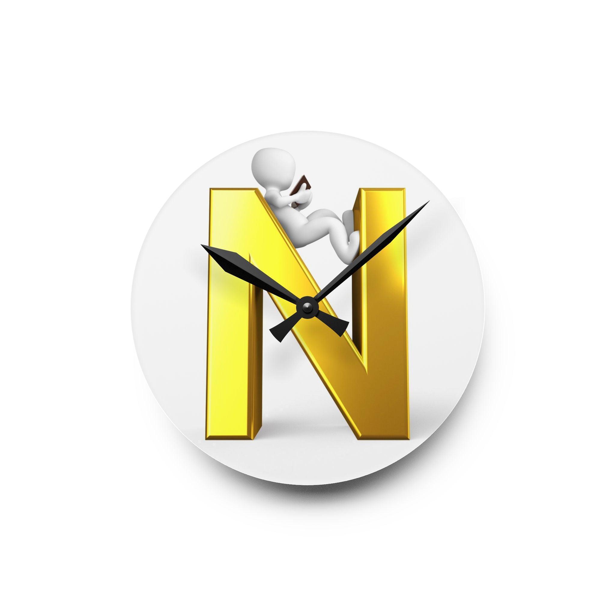 Gold Letter N with Climbing Figure Acrylic Wall Clock | Monogram Initial Decor