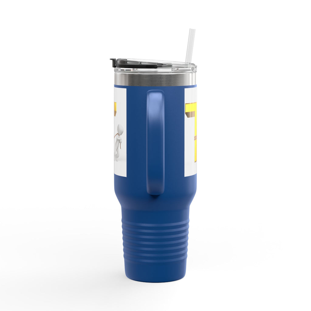 3D Stick Figure Pulling Gold Letter T Travel Mug | 40oz Insulated Tumbler